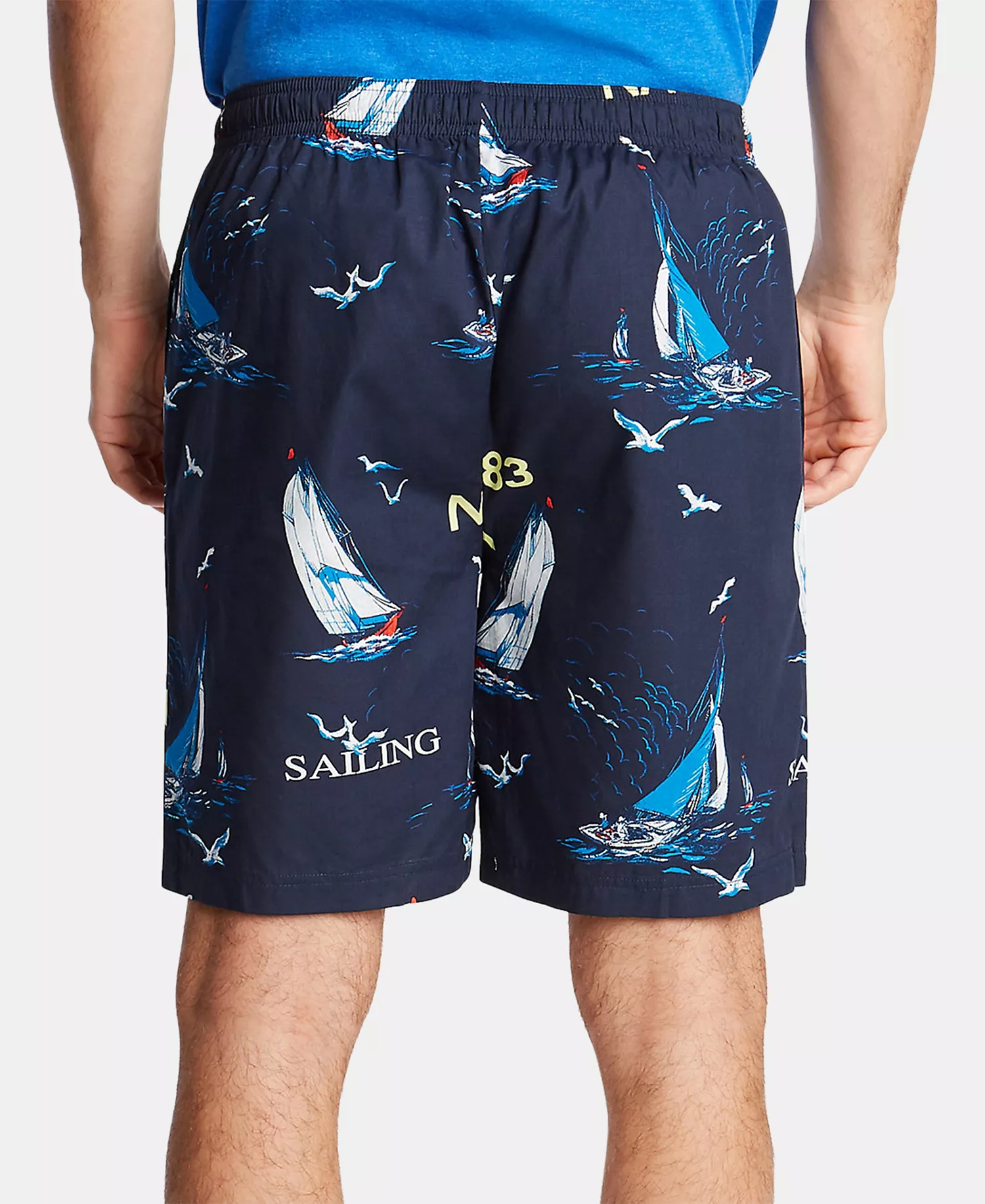 Men's Cotton Sailboat-Print Pajama Shorts - Navy - M