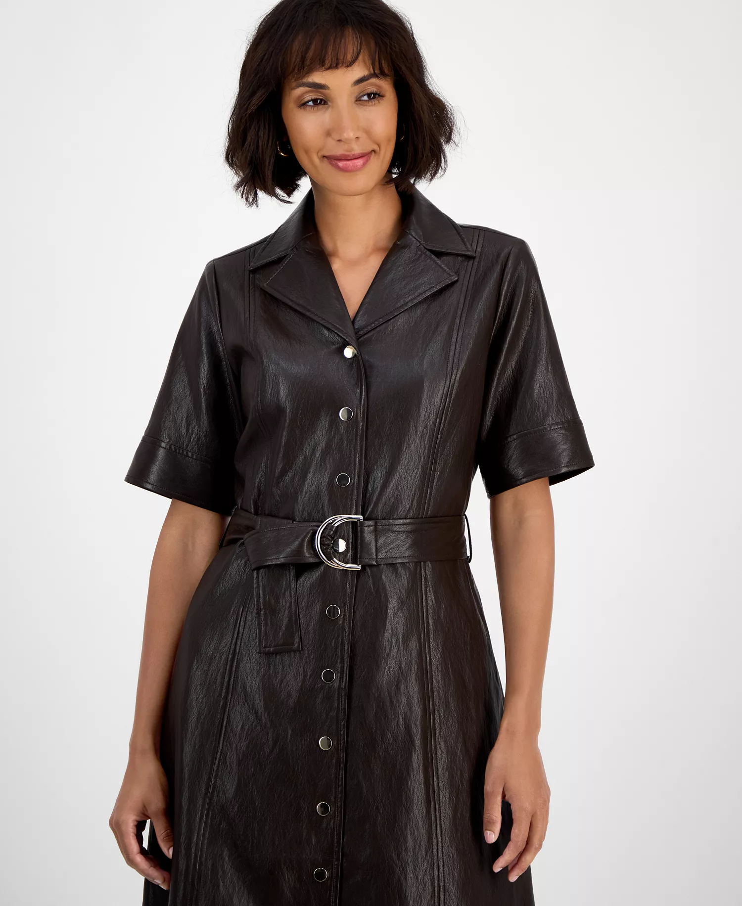 Women's Faux-Leather Belted Button-Front Dress - Espresso Bean - 2