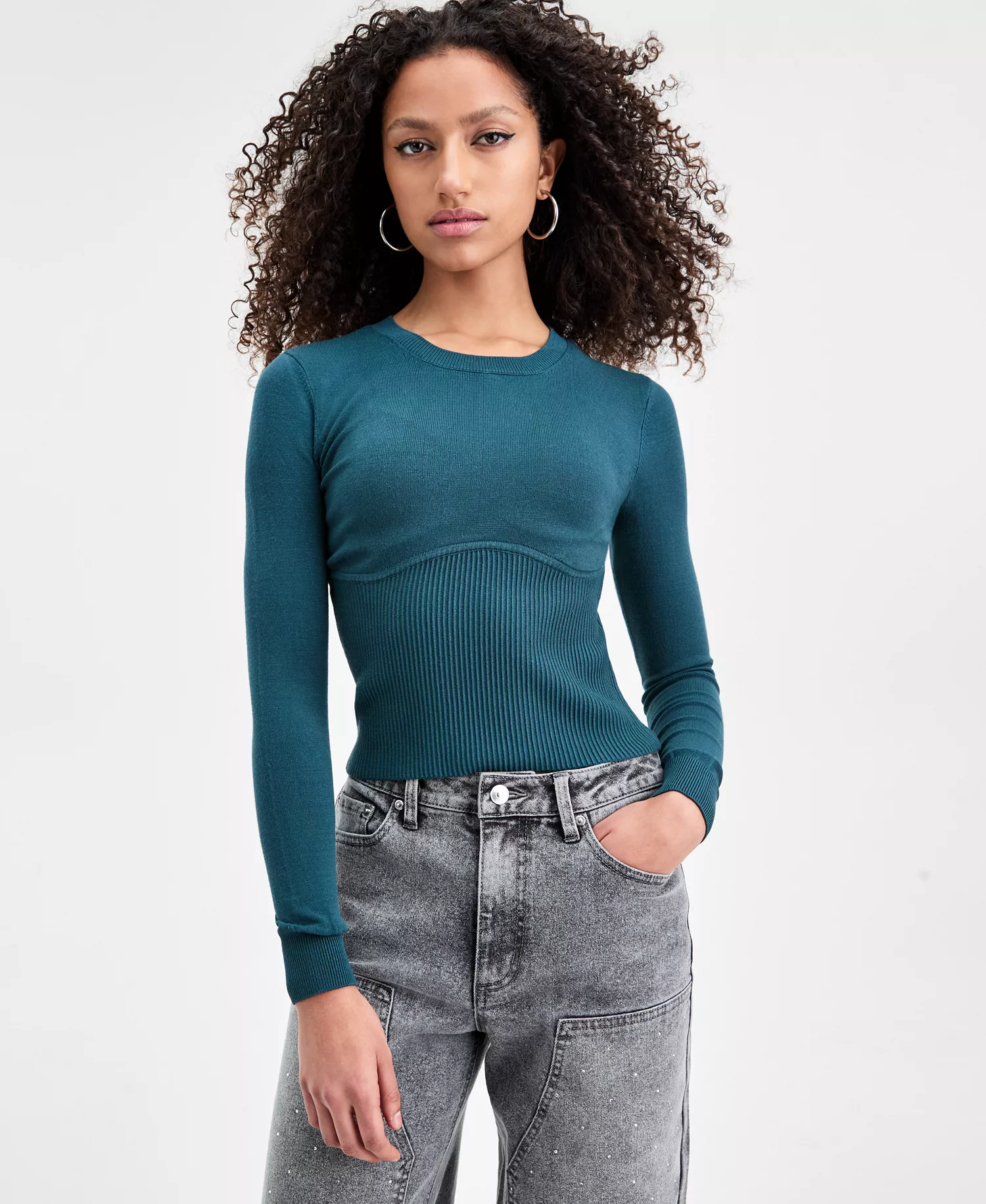 Women's Corset-Inspired Long-Sleeve Sweater, Macy's Exclusive - Dark Spruce - L