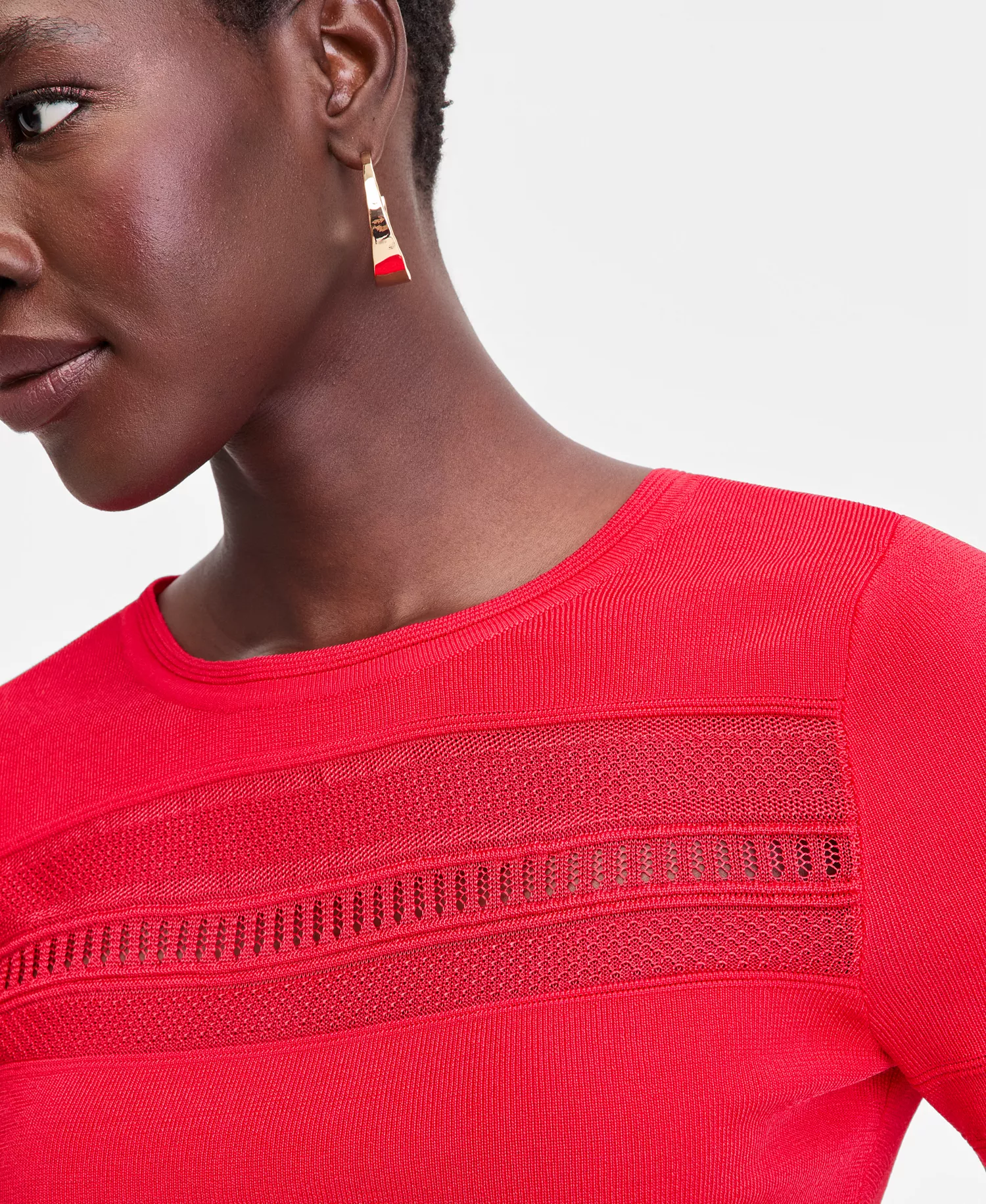 Women's Short Sleeve Pointelle Stripe Sweater - Cherry Flame - L