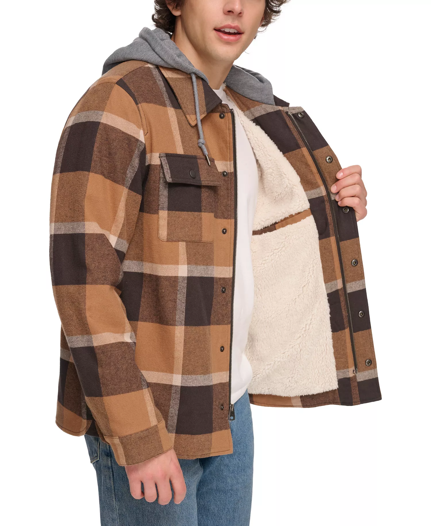 Men's Faux Sherpa Lined Flannel Shirt Jacket - Brown Cafe Plaid - 2XL