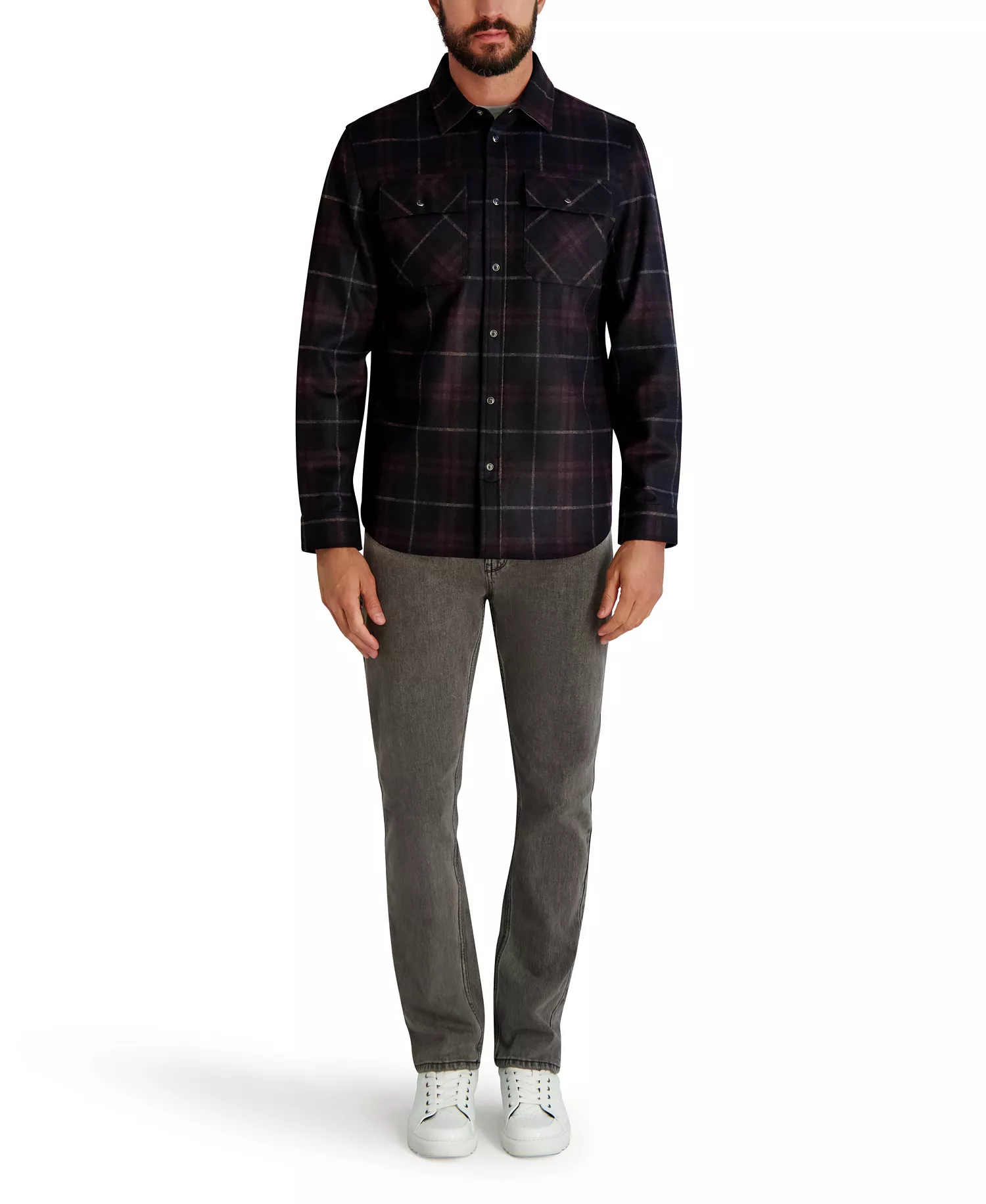 Men's Plaid Pattern Shirt Jacket - Wine - M