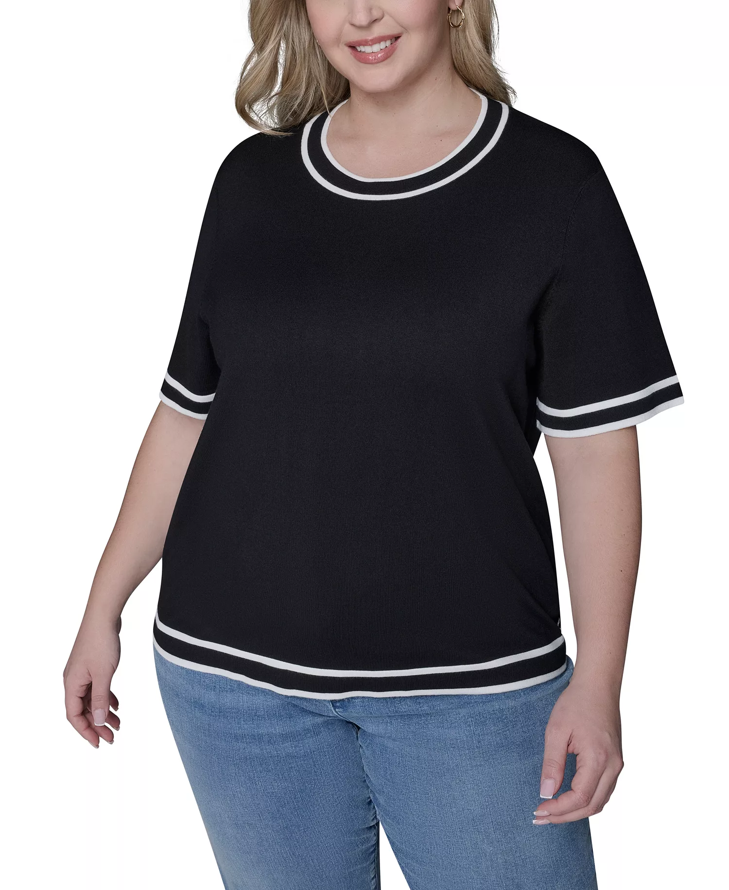 Women's Plus Size Crew Neck Short-Sleeve Sweater - Black - 0X