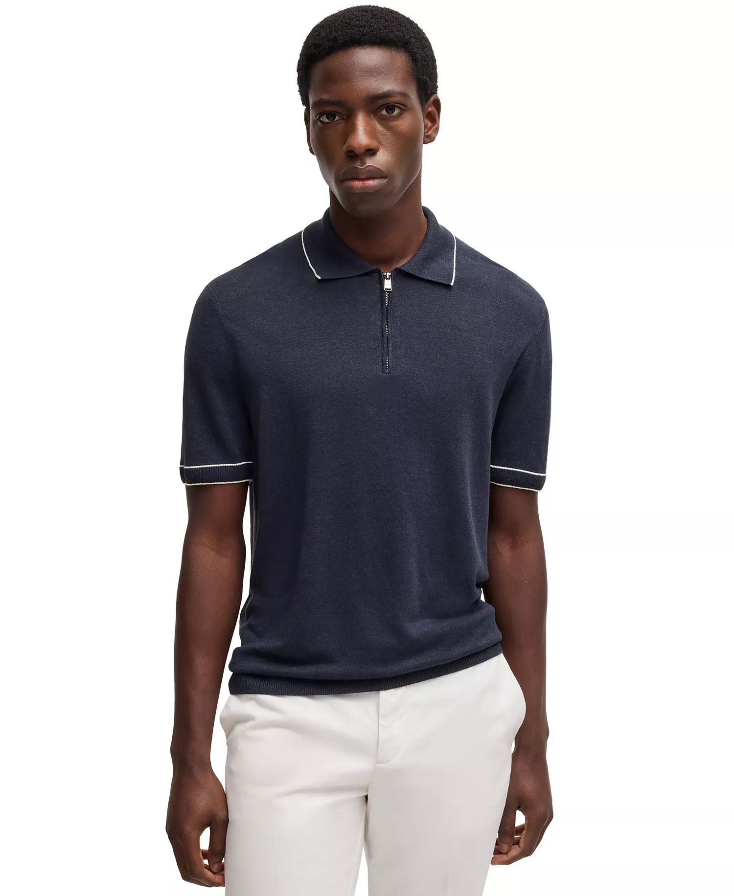 Men's Zip Placket Linen-Blend Knit Sweater - Dark Blue - 2XL