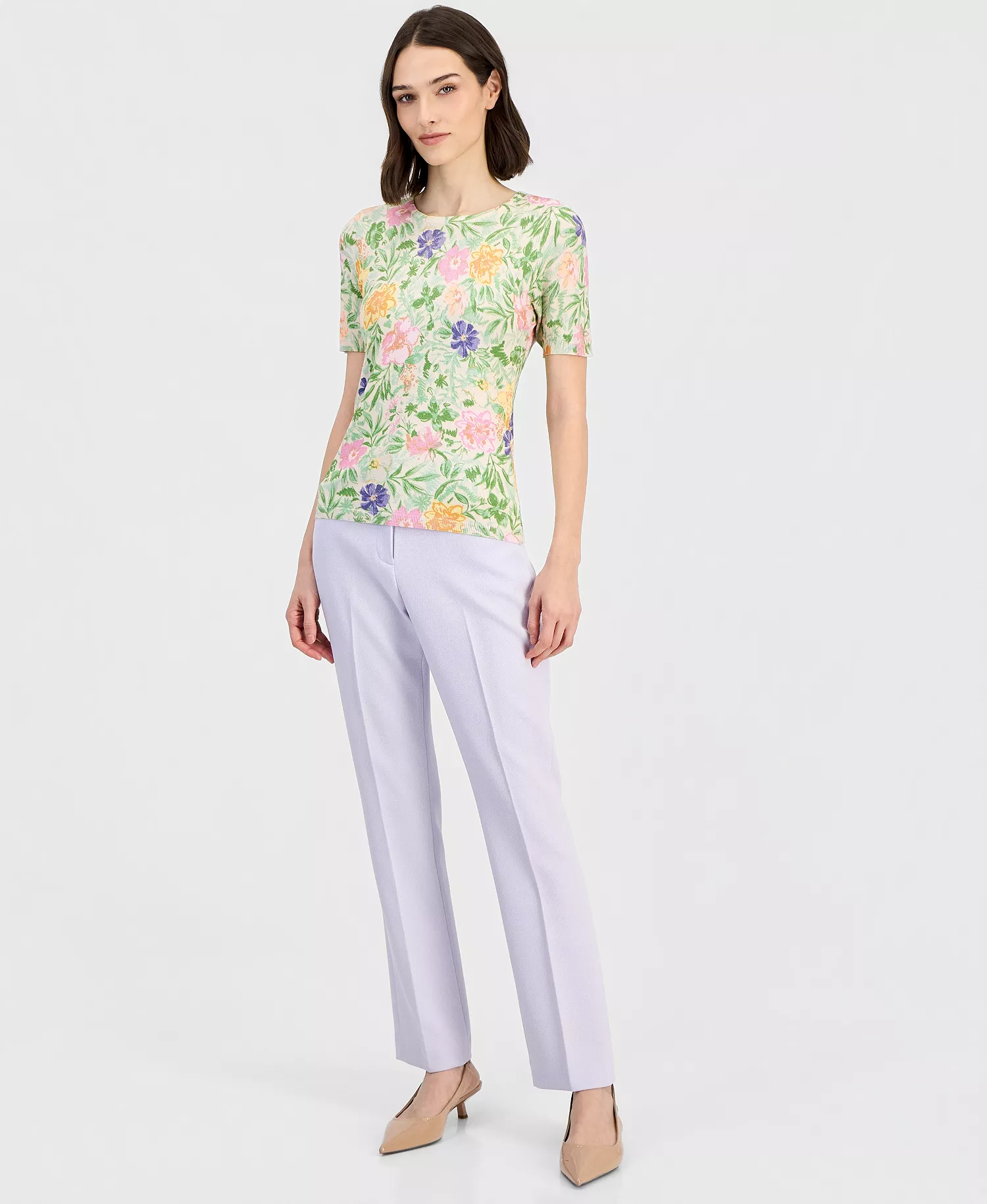 Petite Printed Short-Sleeve Crewneck Sweater - Nude/Moss - P/L