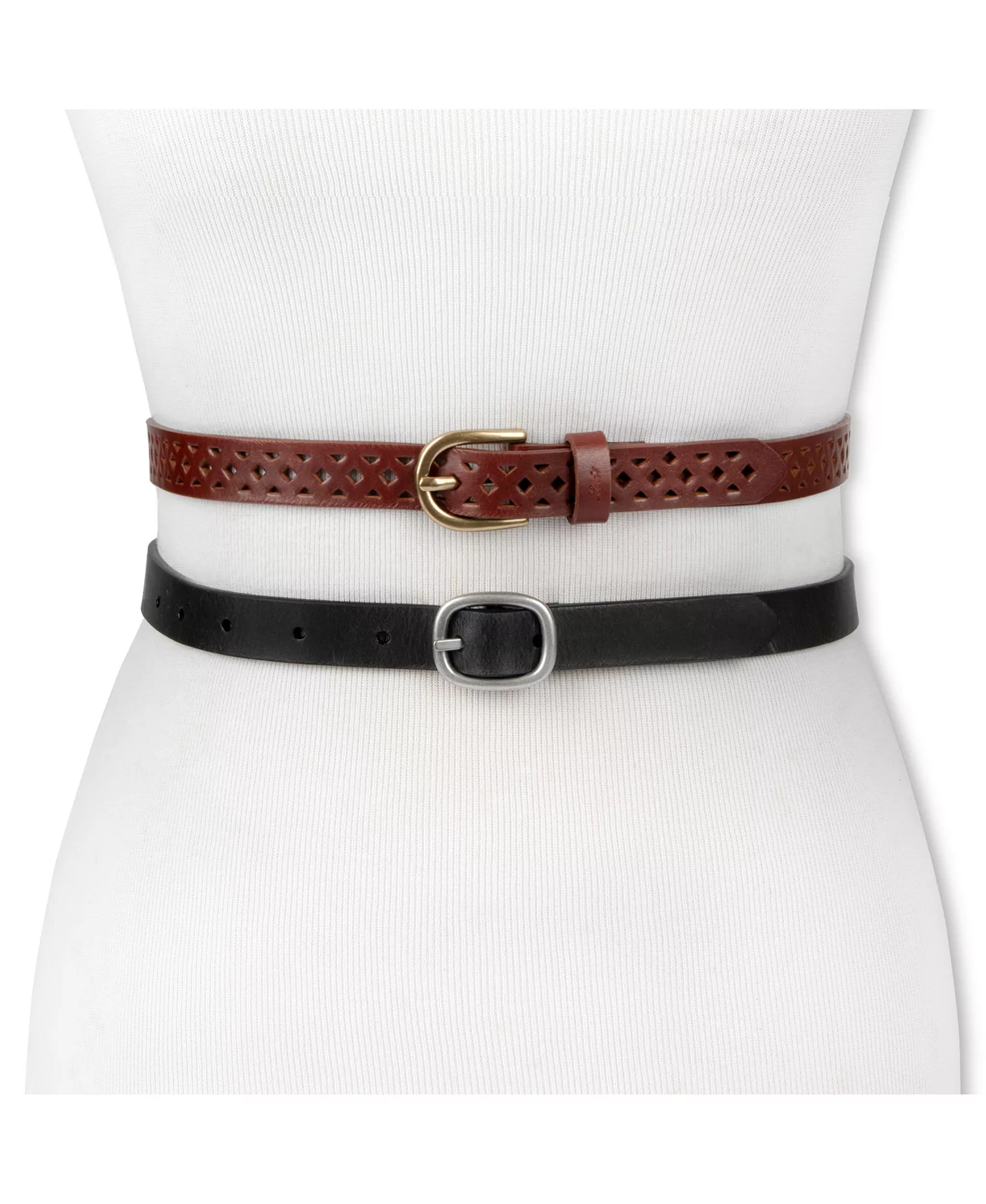 Women's 2-Pack Perforated and Reversible Skinny Casual Belt Set - Black/Tan Brown - Extra Large