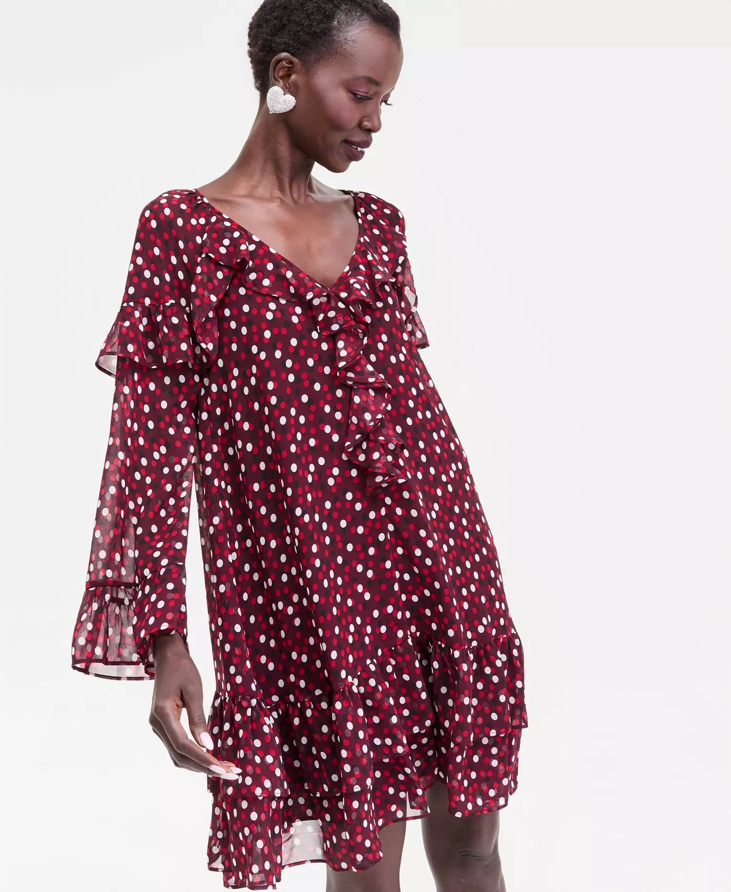 Women's Ruffle-Trim Bell-Sleeve Dress, Macy's Exclusive  - Ari Dots - L