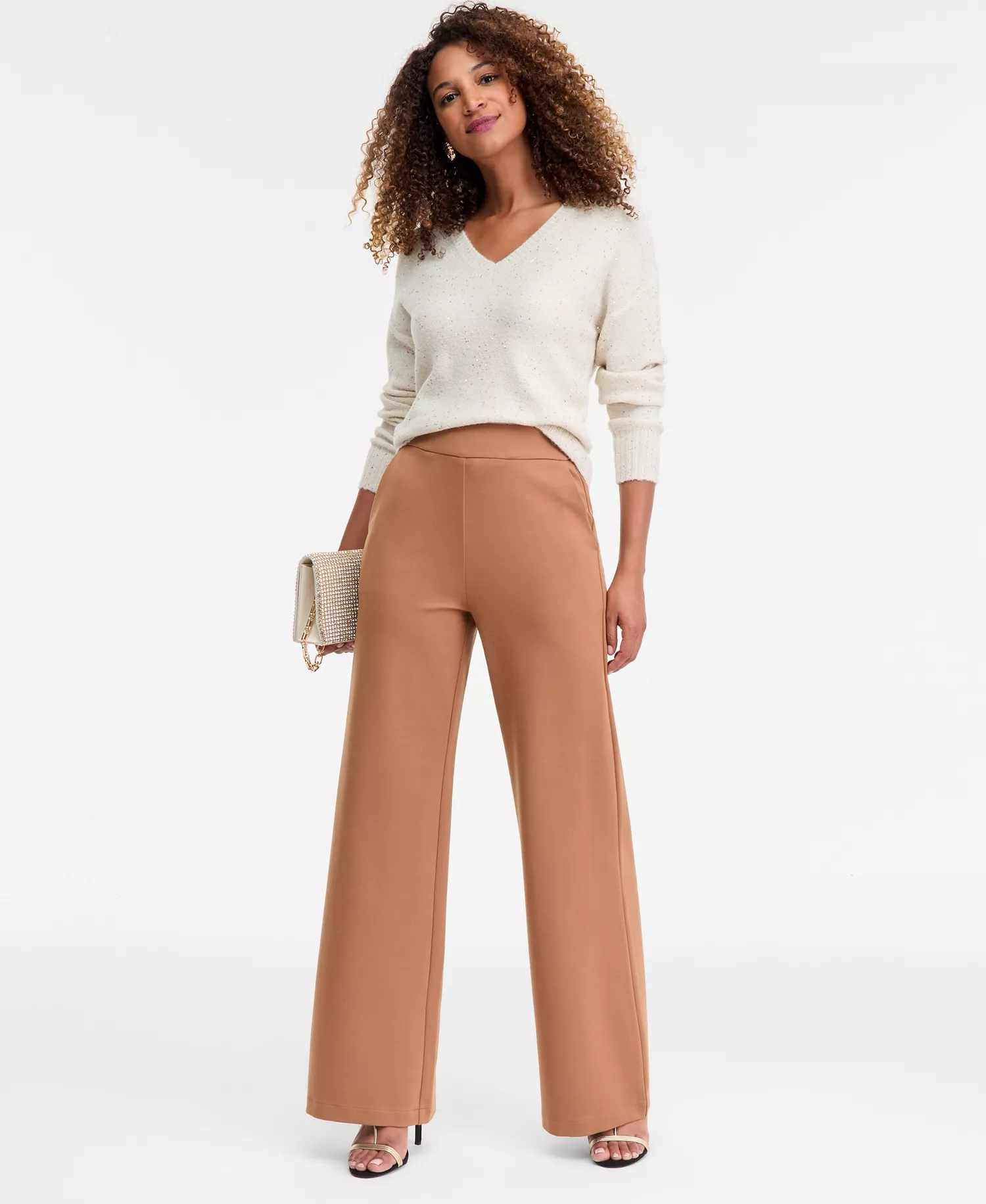 Women's Wide-Leg Ponte Pants, Macy's Exclusive  - Brown Saira - L