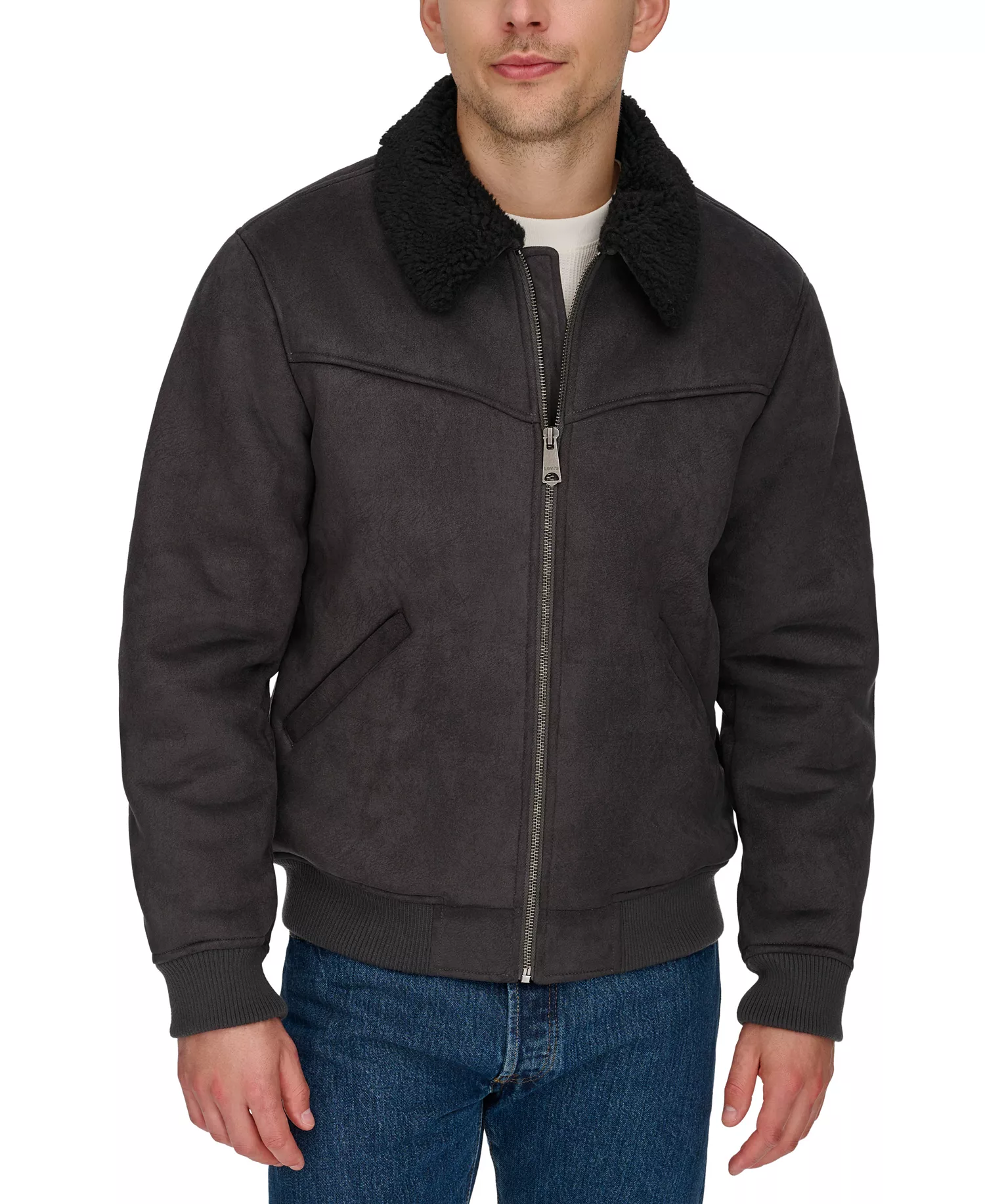 Men's Faux-Shearling Full-Zip Bomber Jacket - Black - M