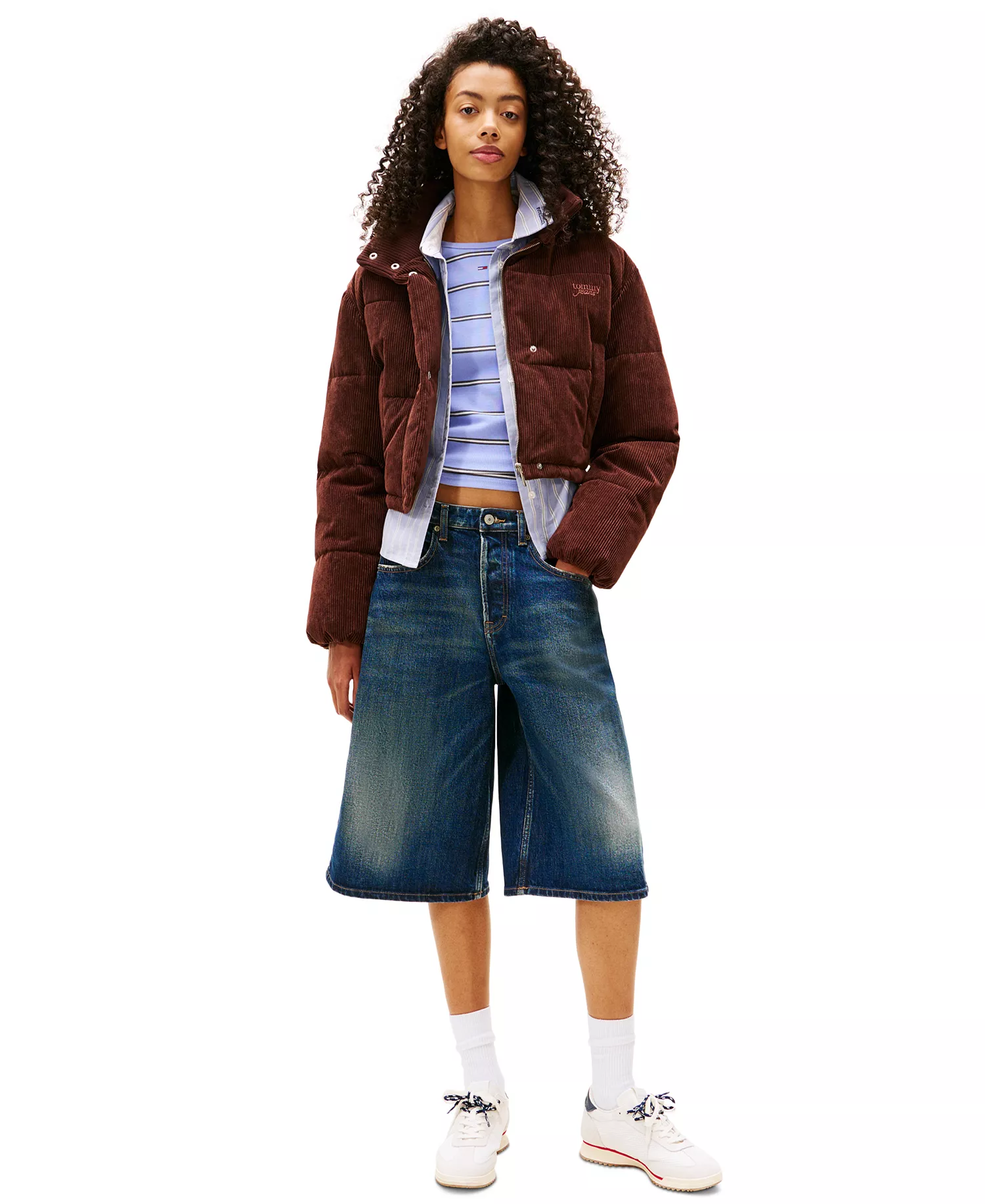 Women's Corduroy Cropped Puffer Jacket - Rich Brown - XXS