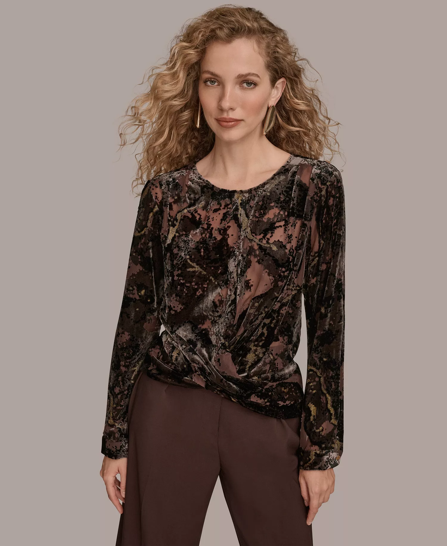 Women's Printed Long Sleeve Top - Chocolate Plum/black/gold - S