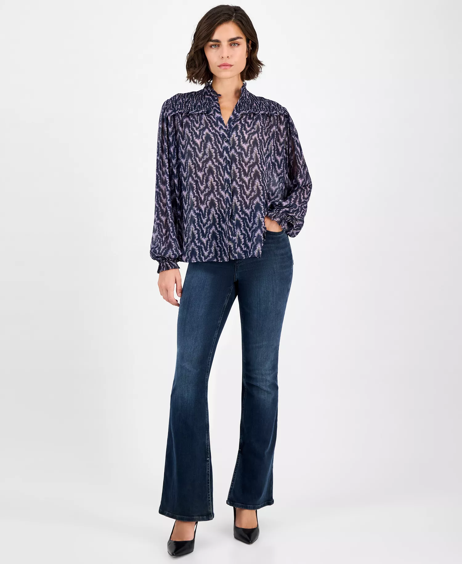 Women's Smocked Mock Neck Blouse - Amethyst Print - 14