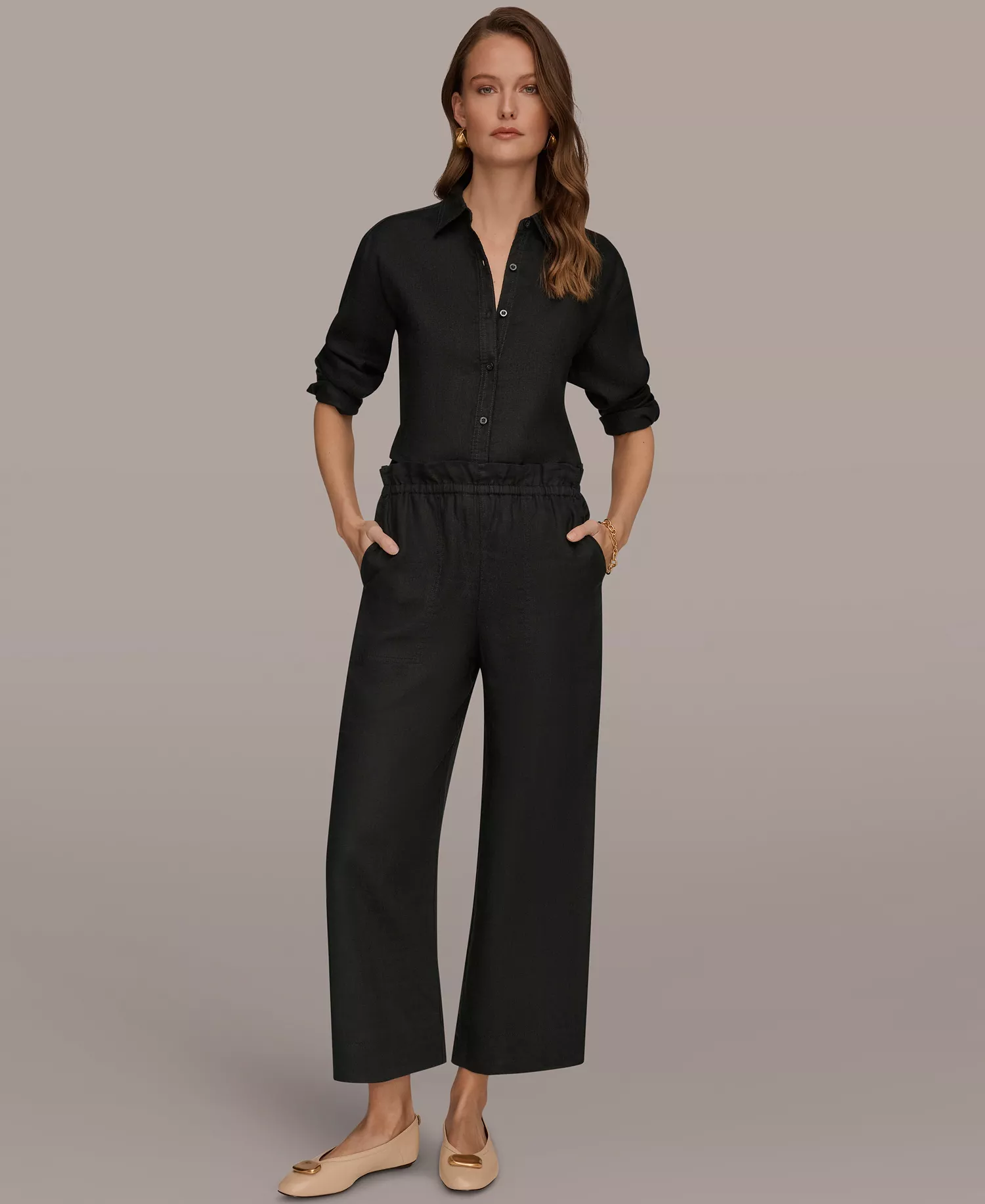 Women's Linen High-Rise Paper Bag Waist Pants - Black - L