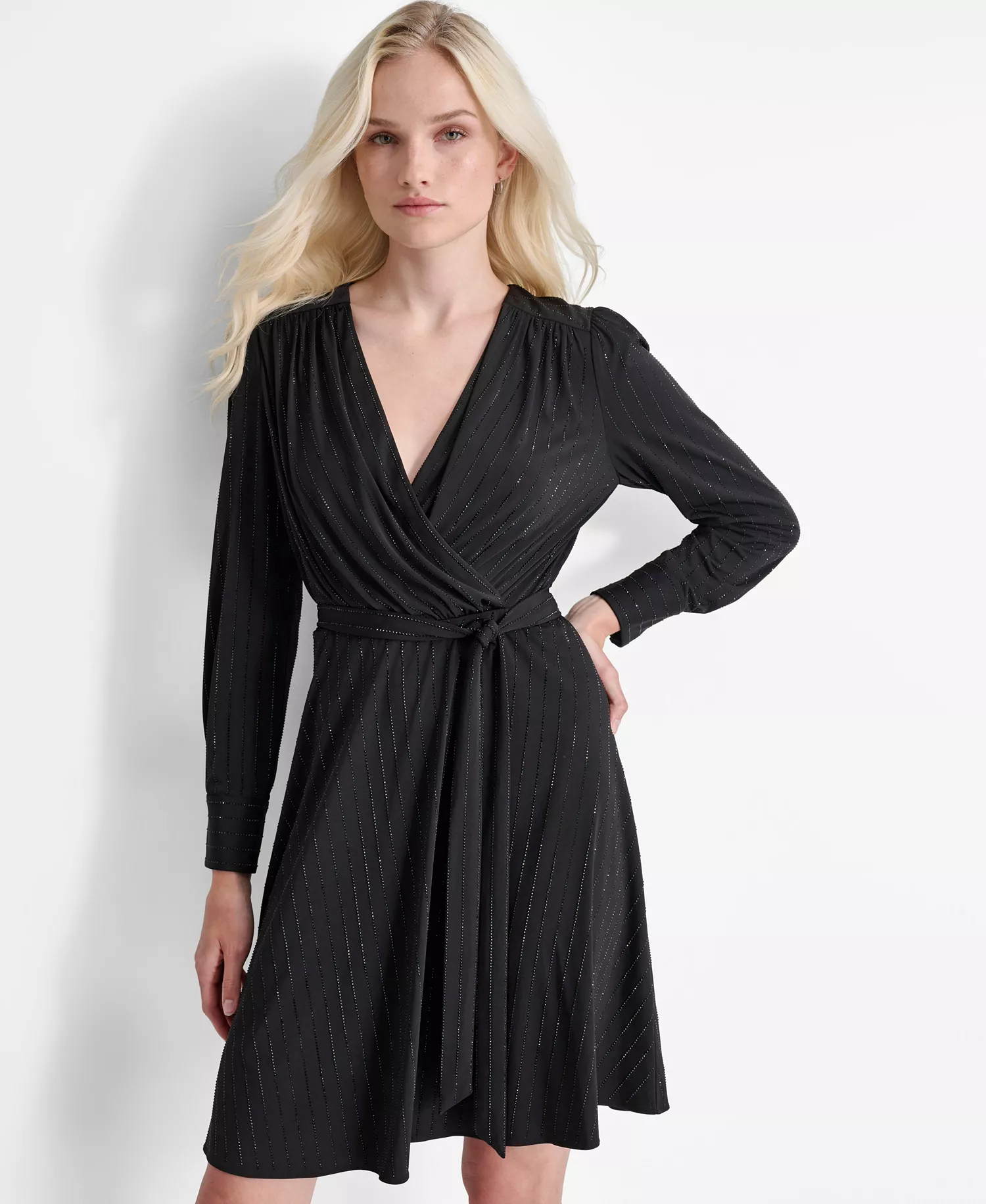 Women's Long Sleeve Surplice Faux Wrap Dress - Black - 10