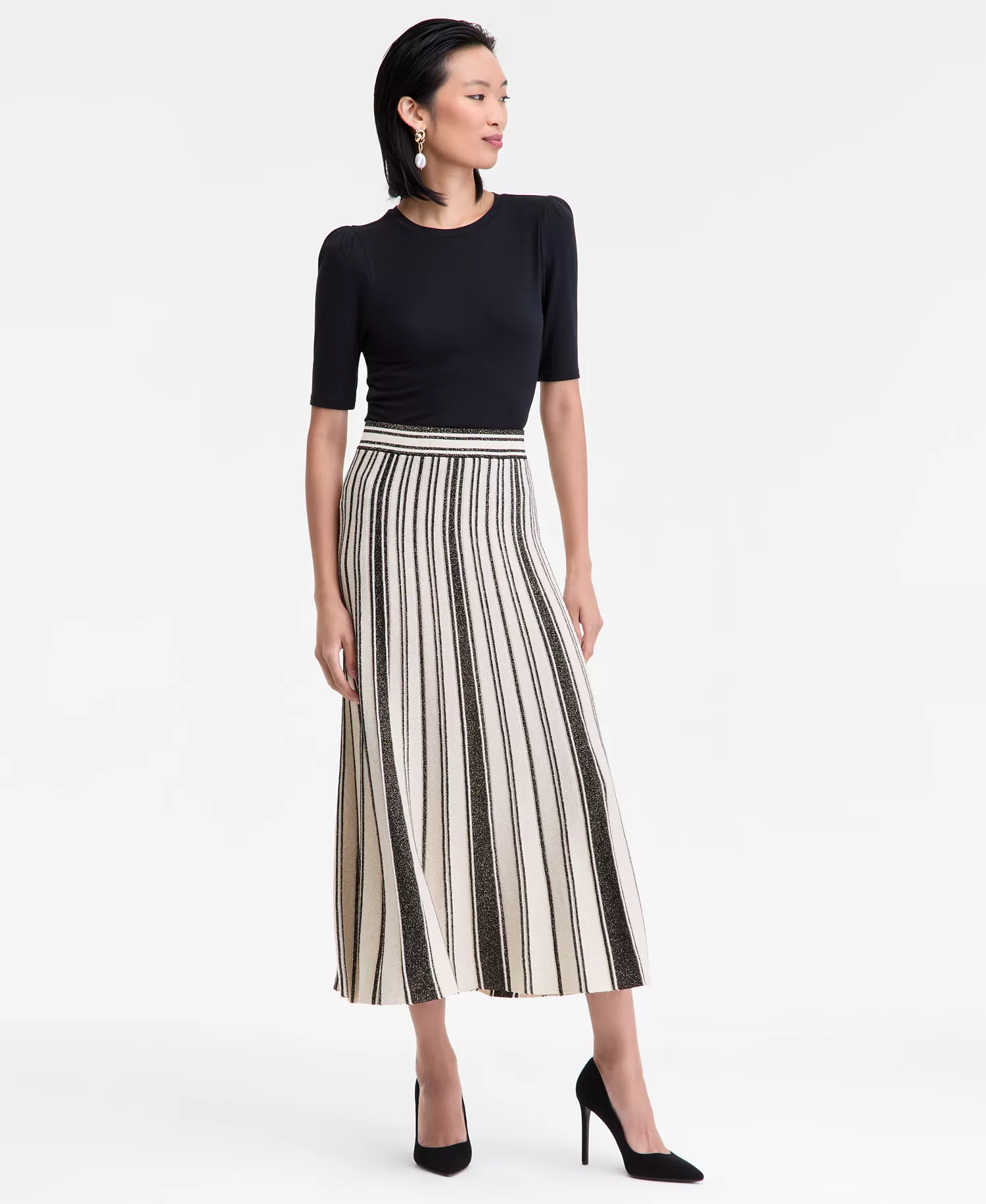 Women's Metallic Contrast Pleated Sweater Skirt, Macy's Exclusive - Black Combo - S
