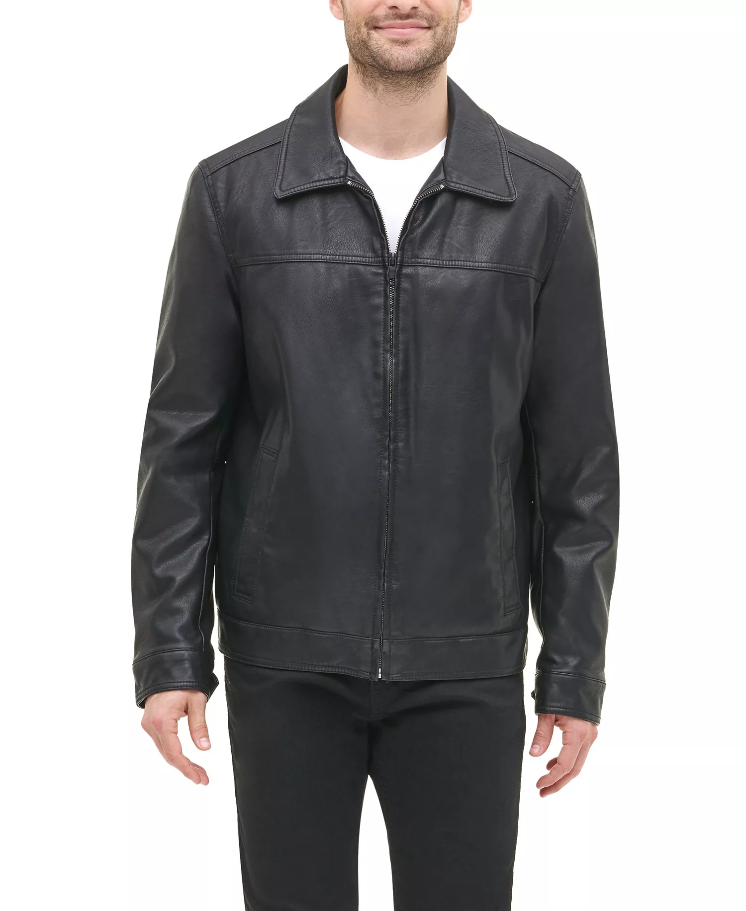 Men's Faux Leather Laydown Collar Jacket - Black - L