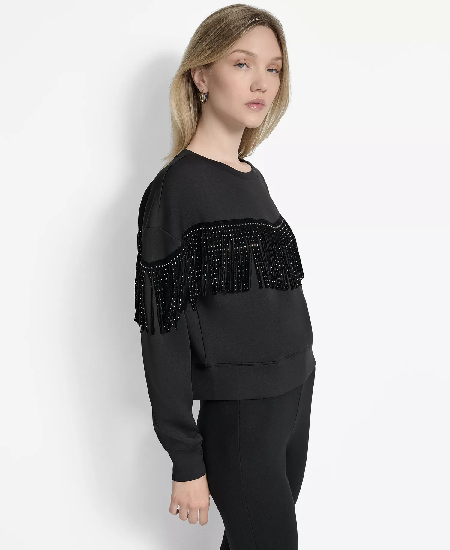 Women's Long Sleeve Studded Fringe Pullover  - Black - M