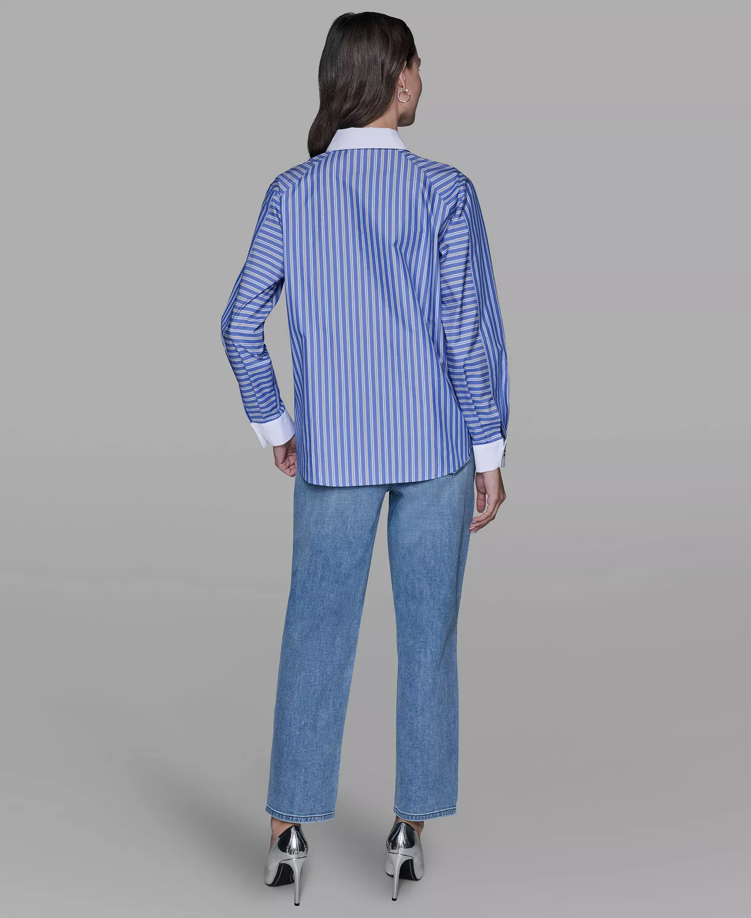 Petite Collared Stripe Long-Sleeve Shirt - French Blue Combo - P/L