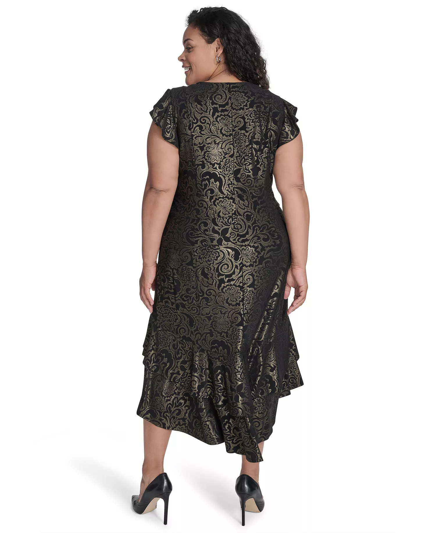 Plus Size Flutter Foil Midi Dress - Black/Gold - 14W