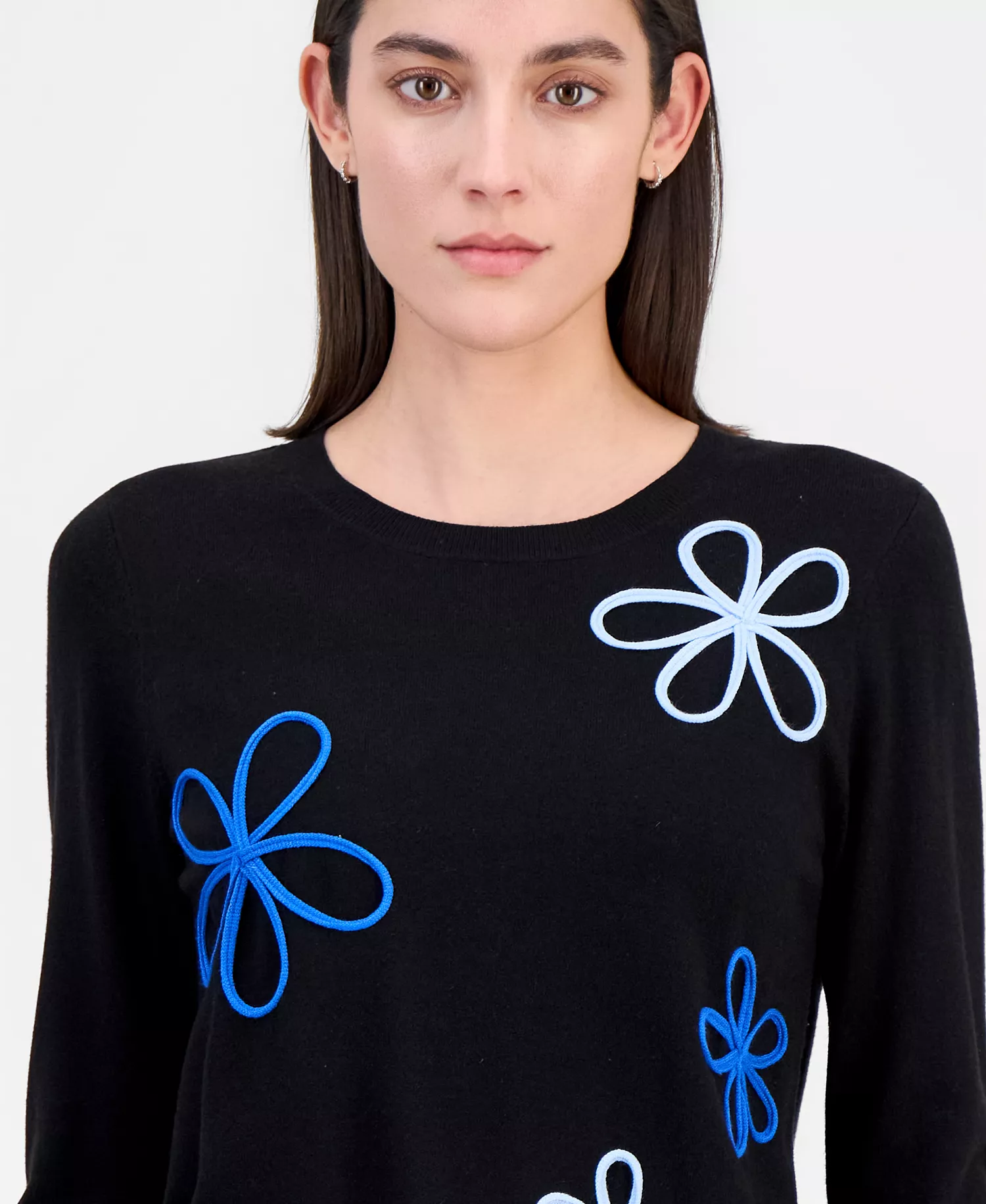 Women's Floral-Appliqué Crewneck Sweater - Black / Multi Floral - L
