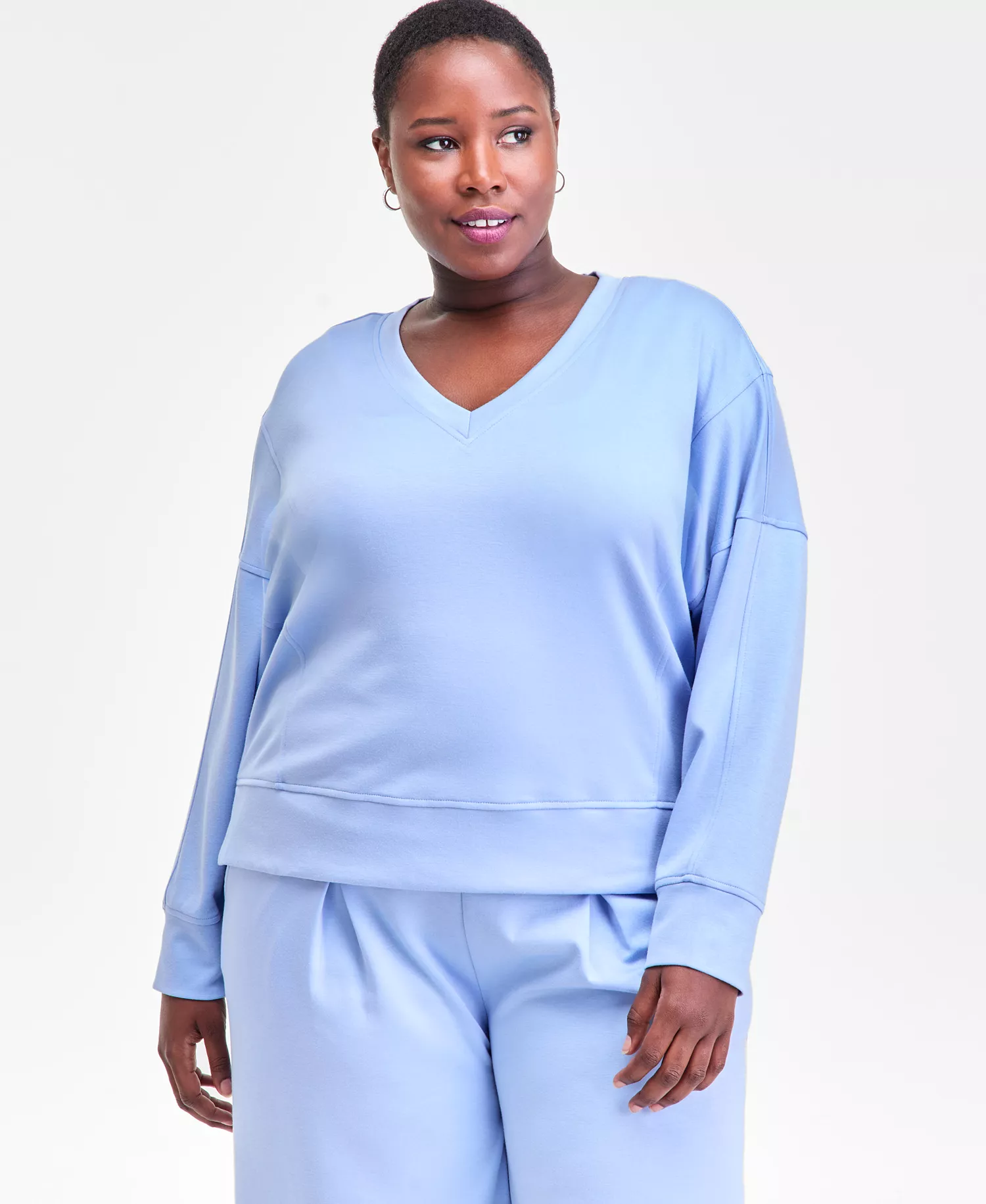 Plus Size V-Neck Knit Long-Sleeve Top, Macy's Exclusive  - Air Blue - 0X