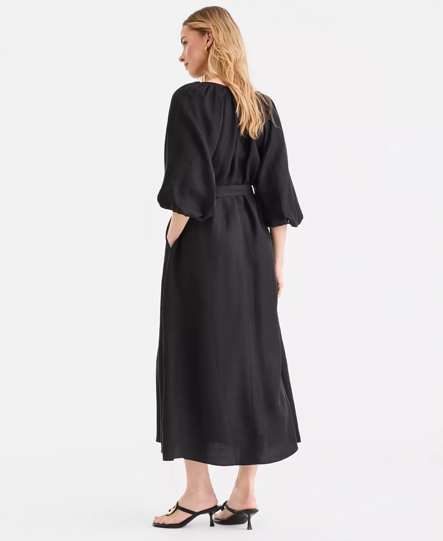 Women's 3/4 Sleeve Tie-Waist Midi Dress, Macy's Exclusive - Deep Black - L