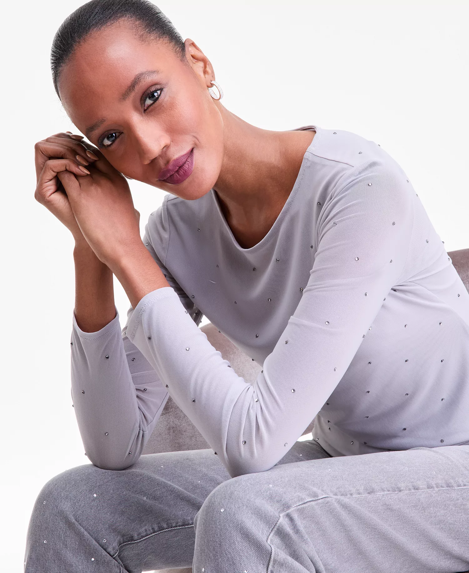 Women's Crystal Mesh Long Sleeve Top, Macy's Exclusive - Boulder Gray - L