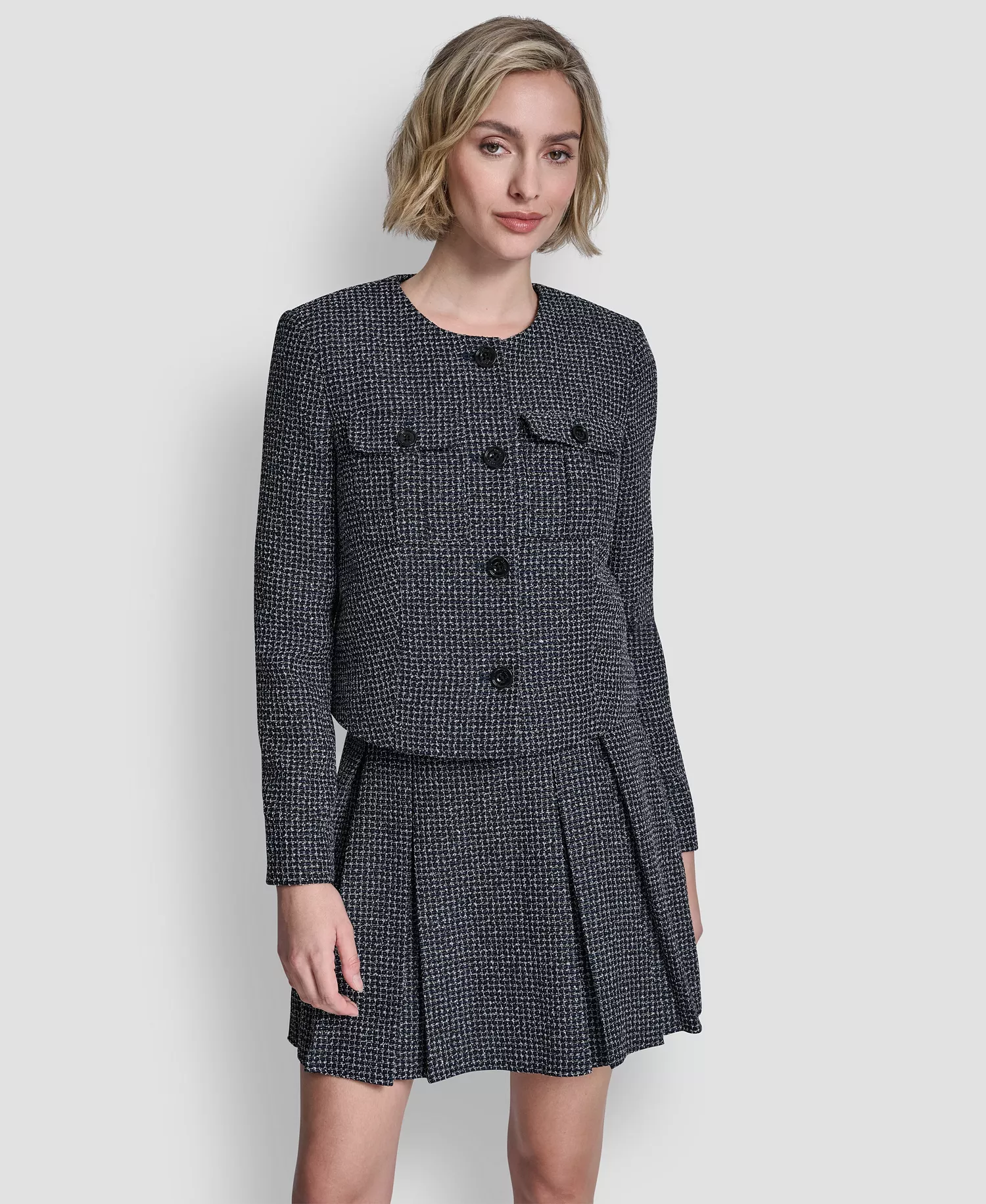 Women's Collarless Cropped 4-Button Jacket - Navy Combo - 10