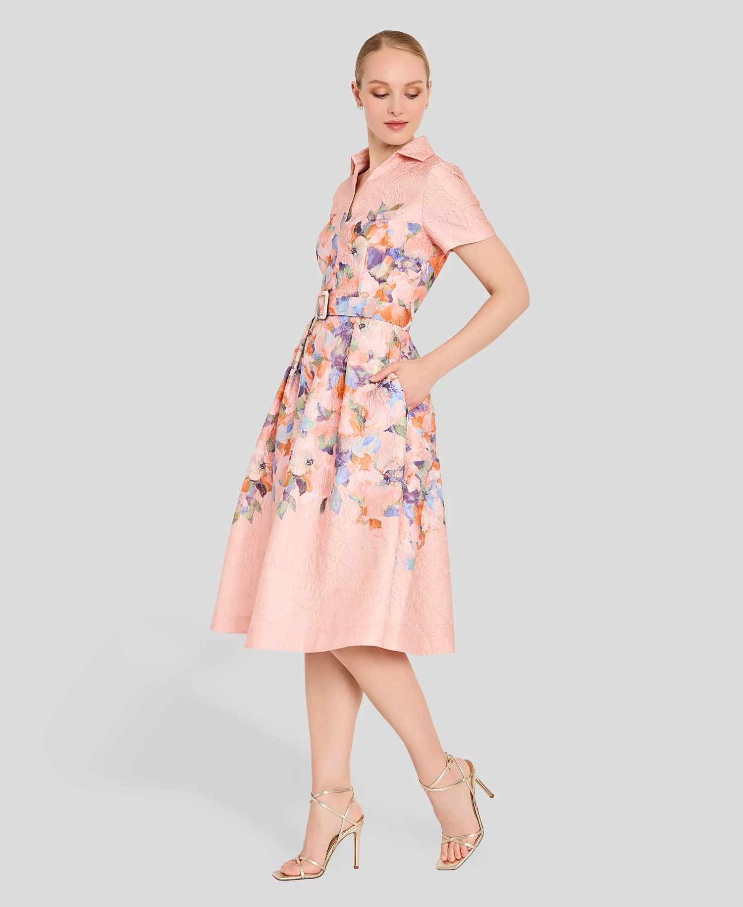 Women's Short-Sleeve Floral Belted Midi Dress - Apricot - 10