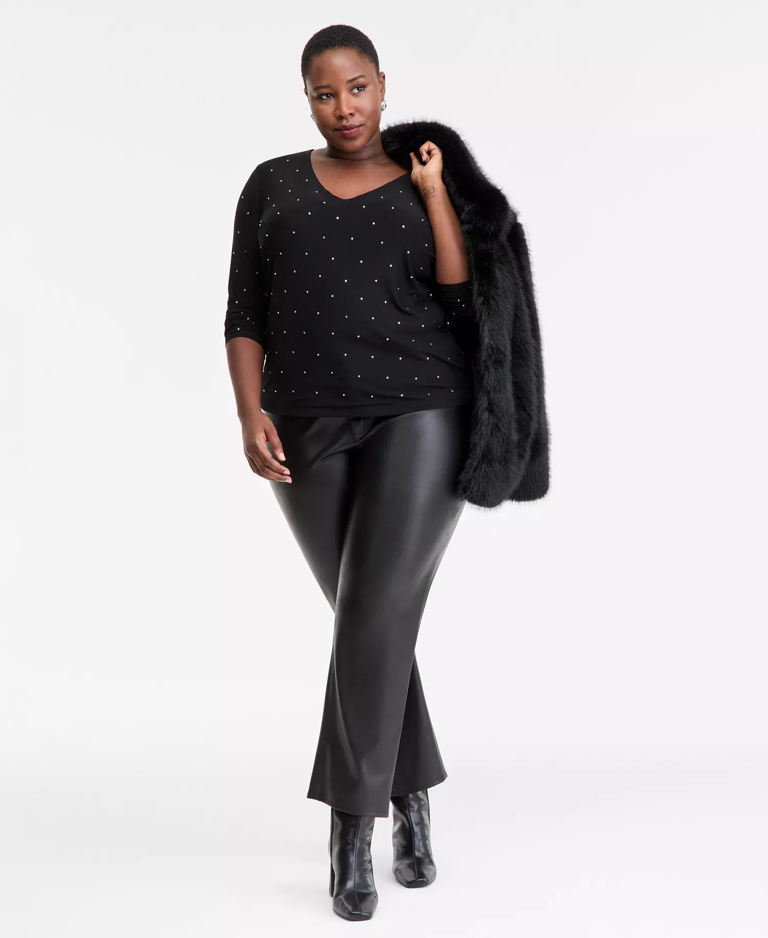 Plus Size Embellished V-Neck Top, Macy's Exclusive  - Deep Black - 2X