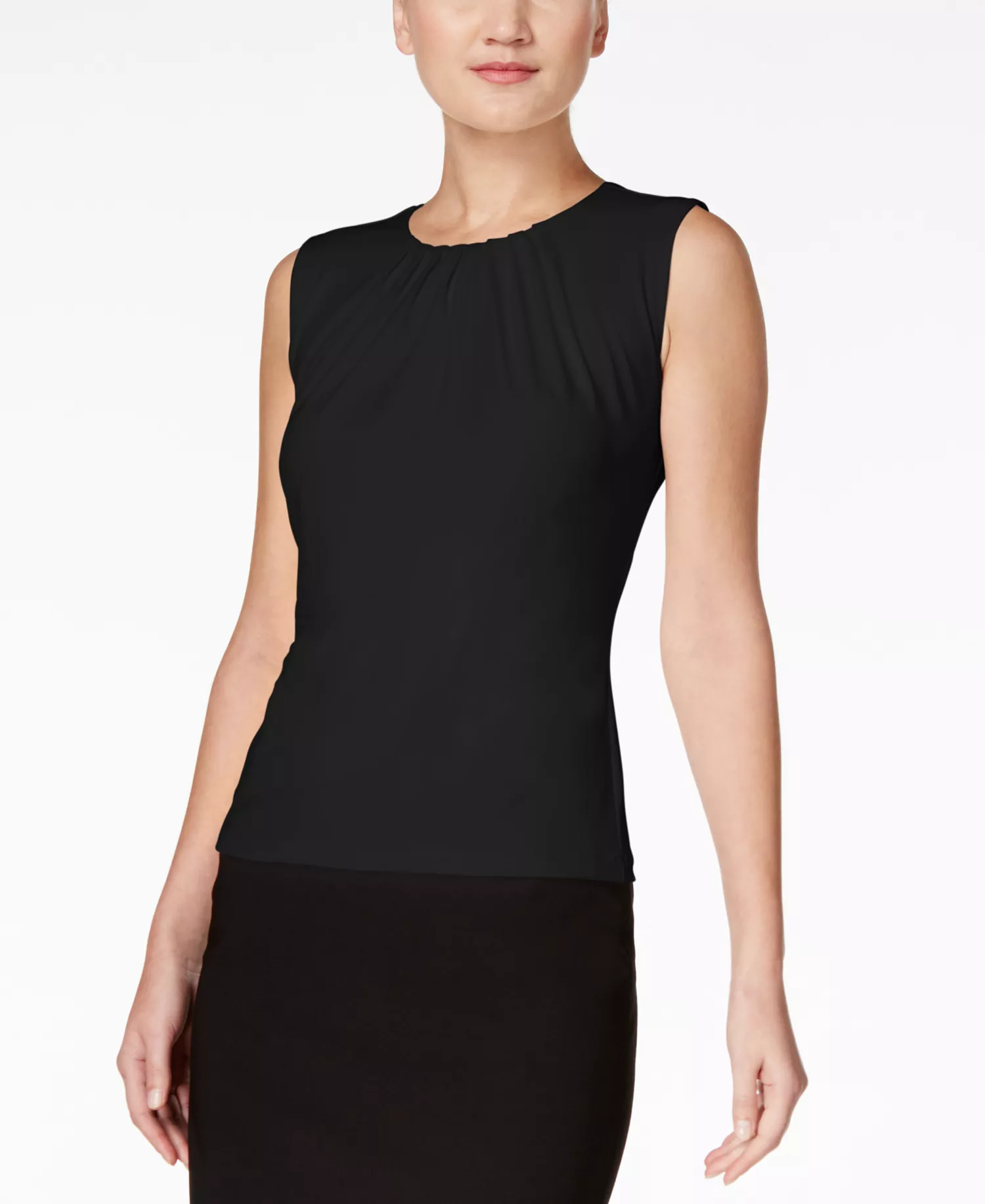 Pleat Neck Sleeveless Top, Regular and Petite Sizes - Black - 10