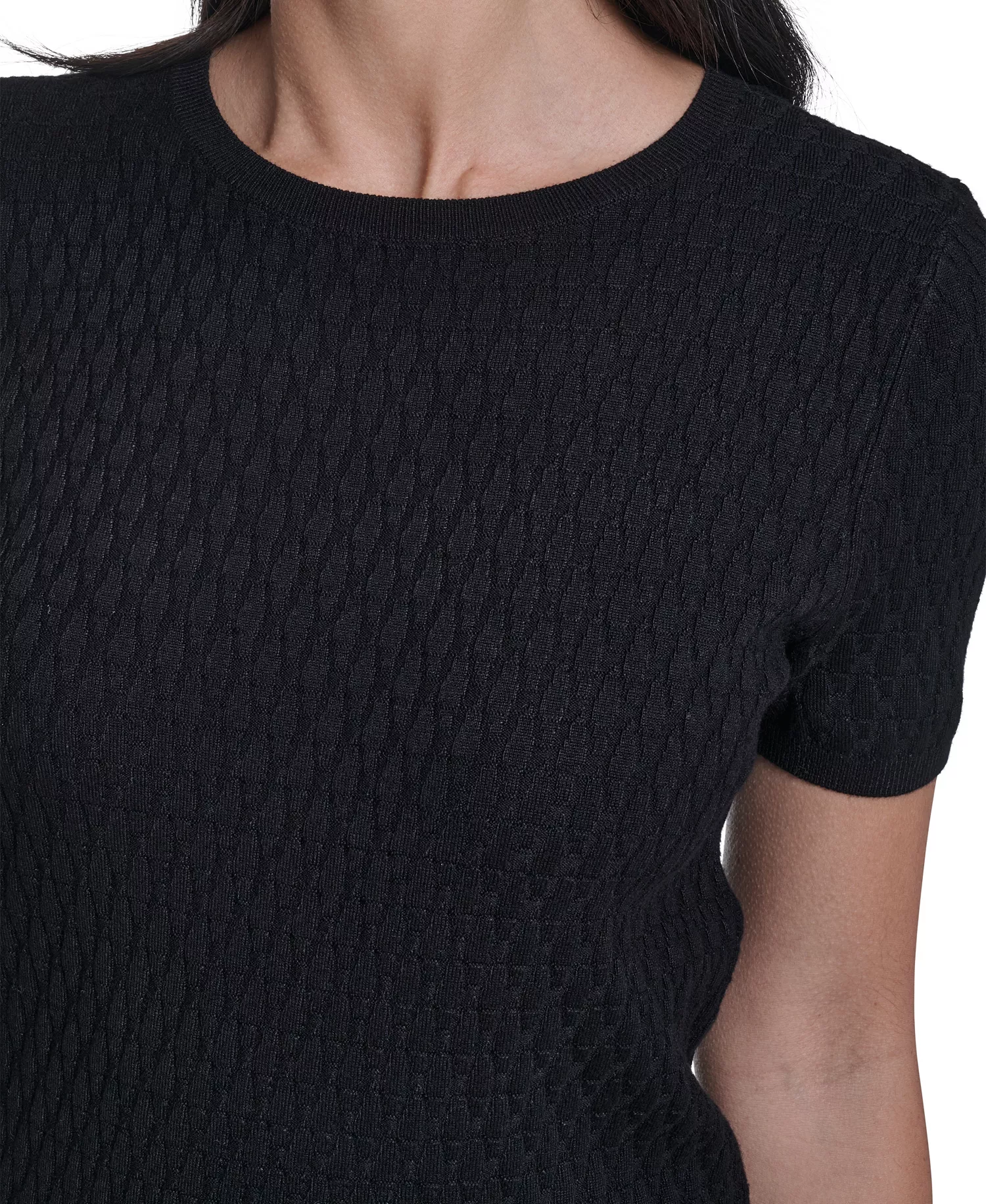 Women's Short-Sleeve Textured Sweater - Black - L