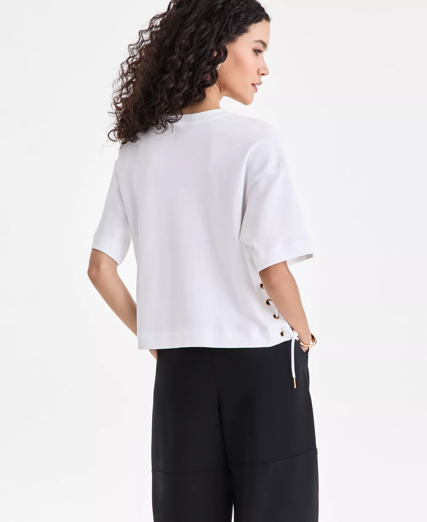 Women's Cotton Lace-Up-Hem T-Shirt, Macy's Exclusive - Bright White - L