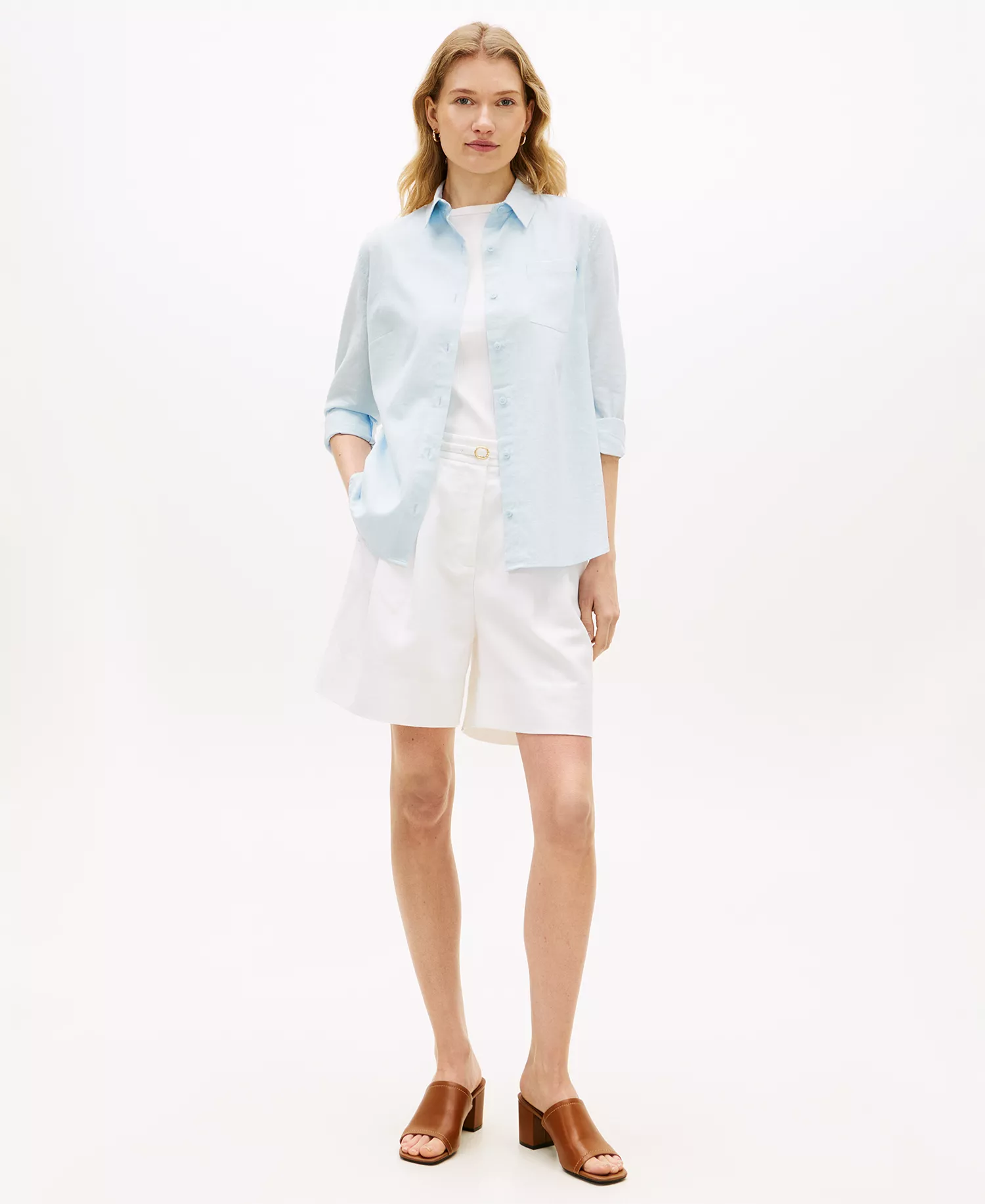 Women's Linen Roll-Tab Sleeve Collared Shirt - Breezy Blue - L
