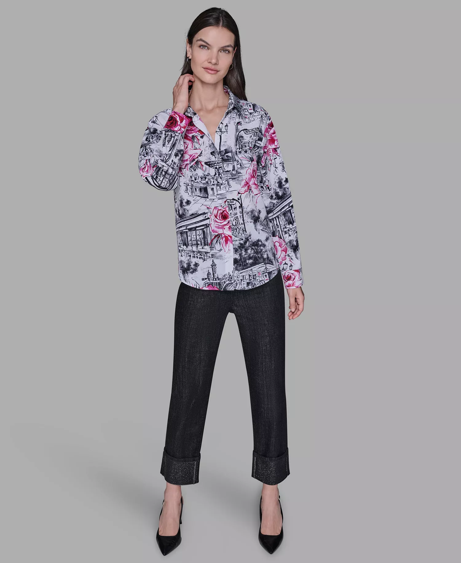 Women's Floral Print Collar Top - White multi - M