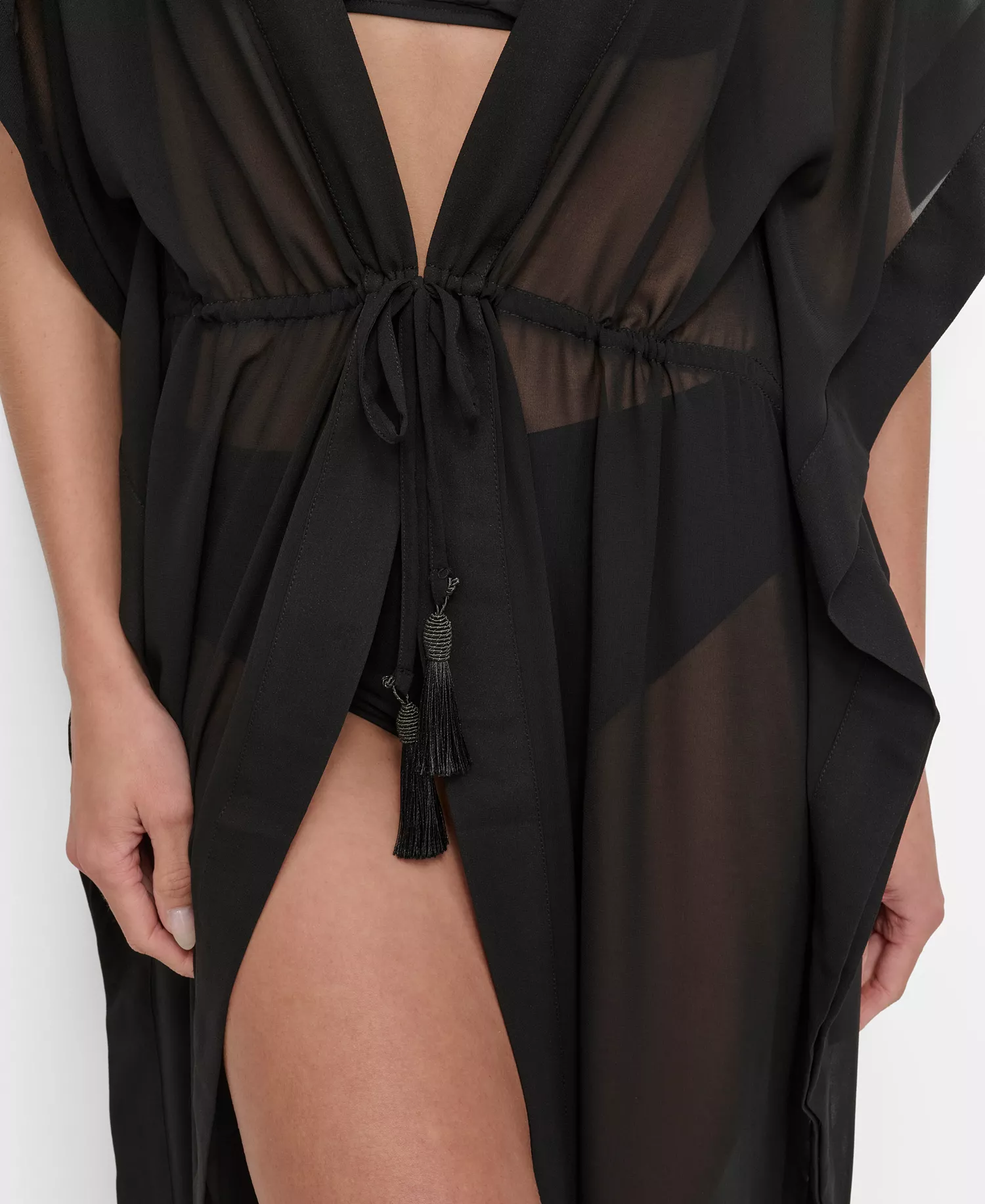 Women's Tie-Front Cover-Up Kaftan - Black - L