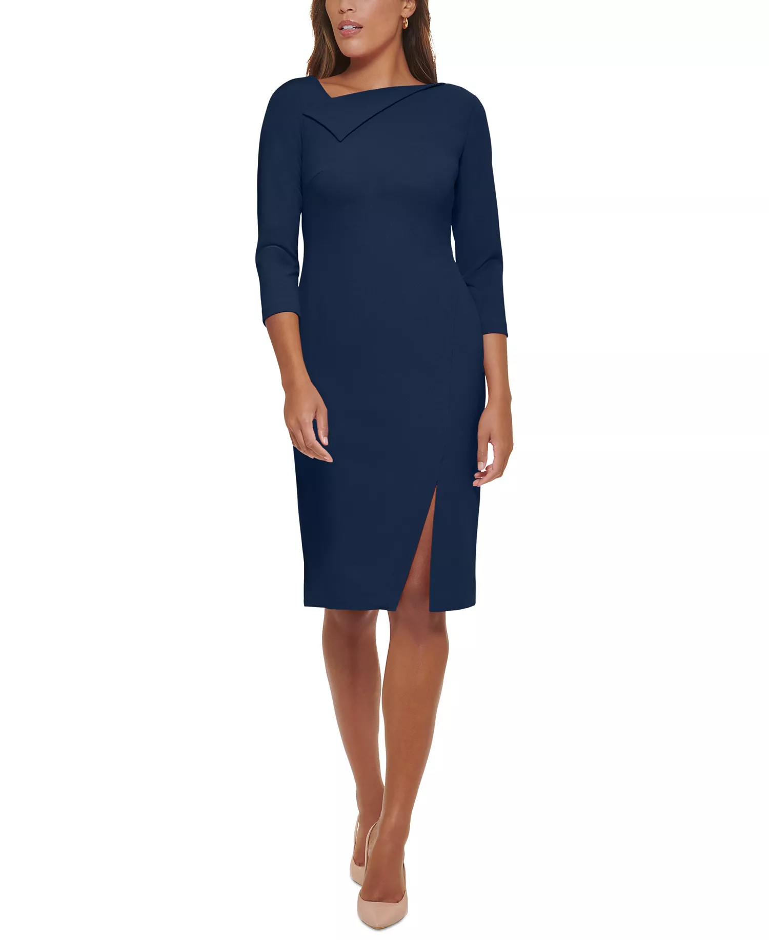 Women's Foldover-Neck Front-Slit Sheath Dress - Indigo - 10