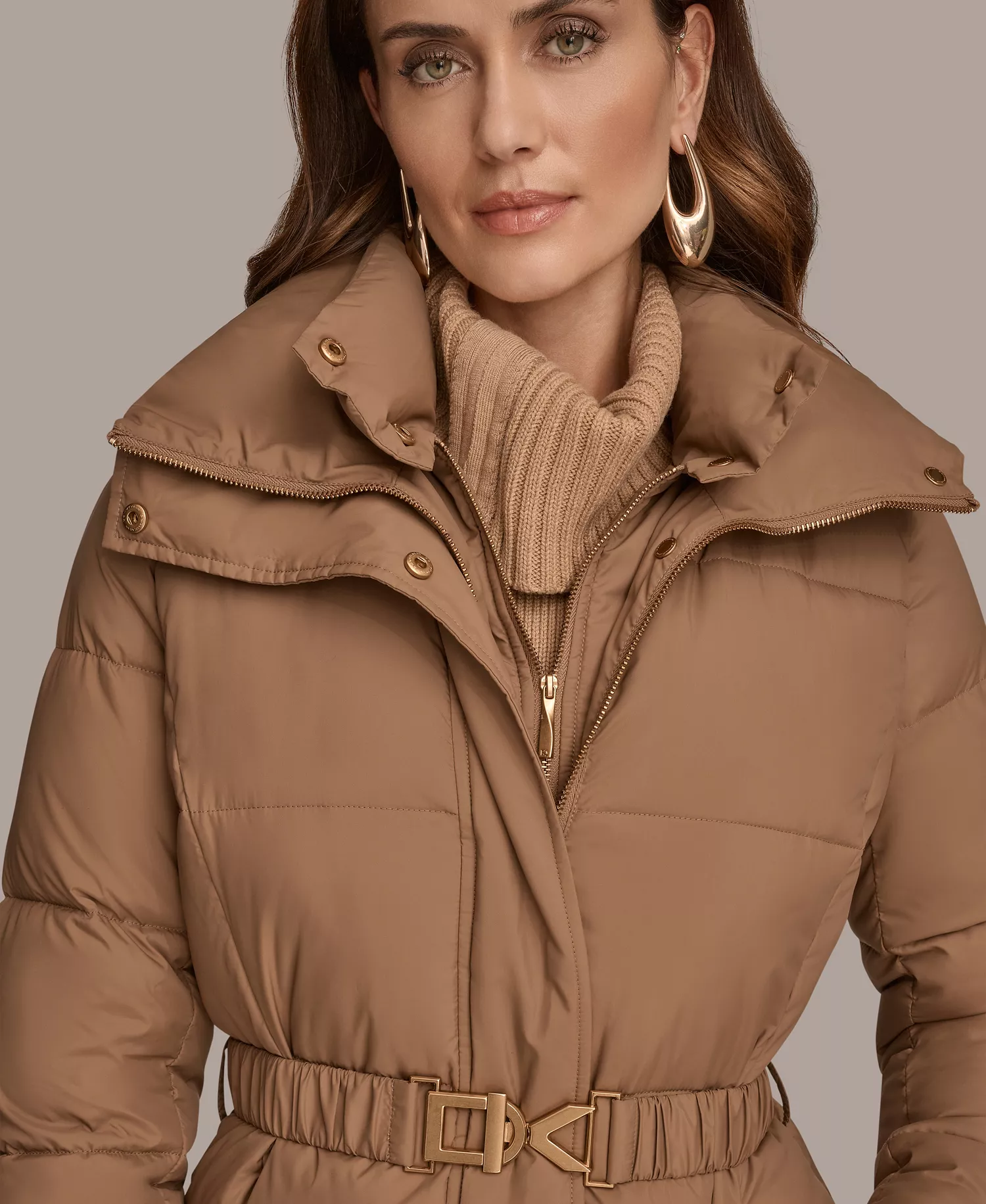 Women's Belted Bibbed Puffer Coat - Antiq gold - L