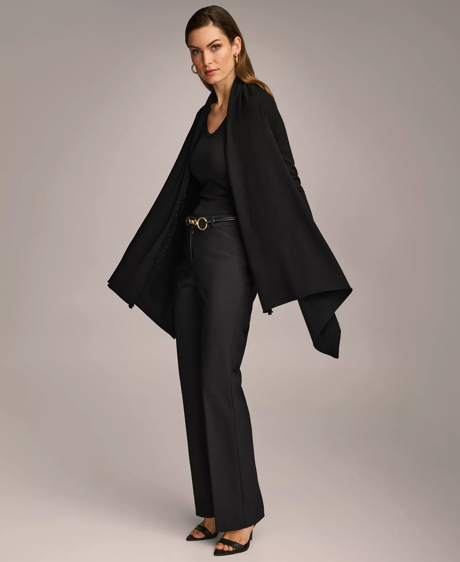 Women's Long-Sleeve Drape-Front Cardigan - Black - L