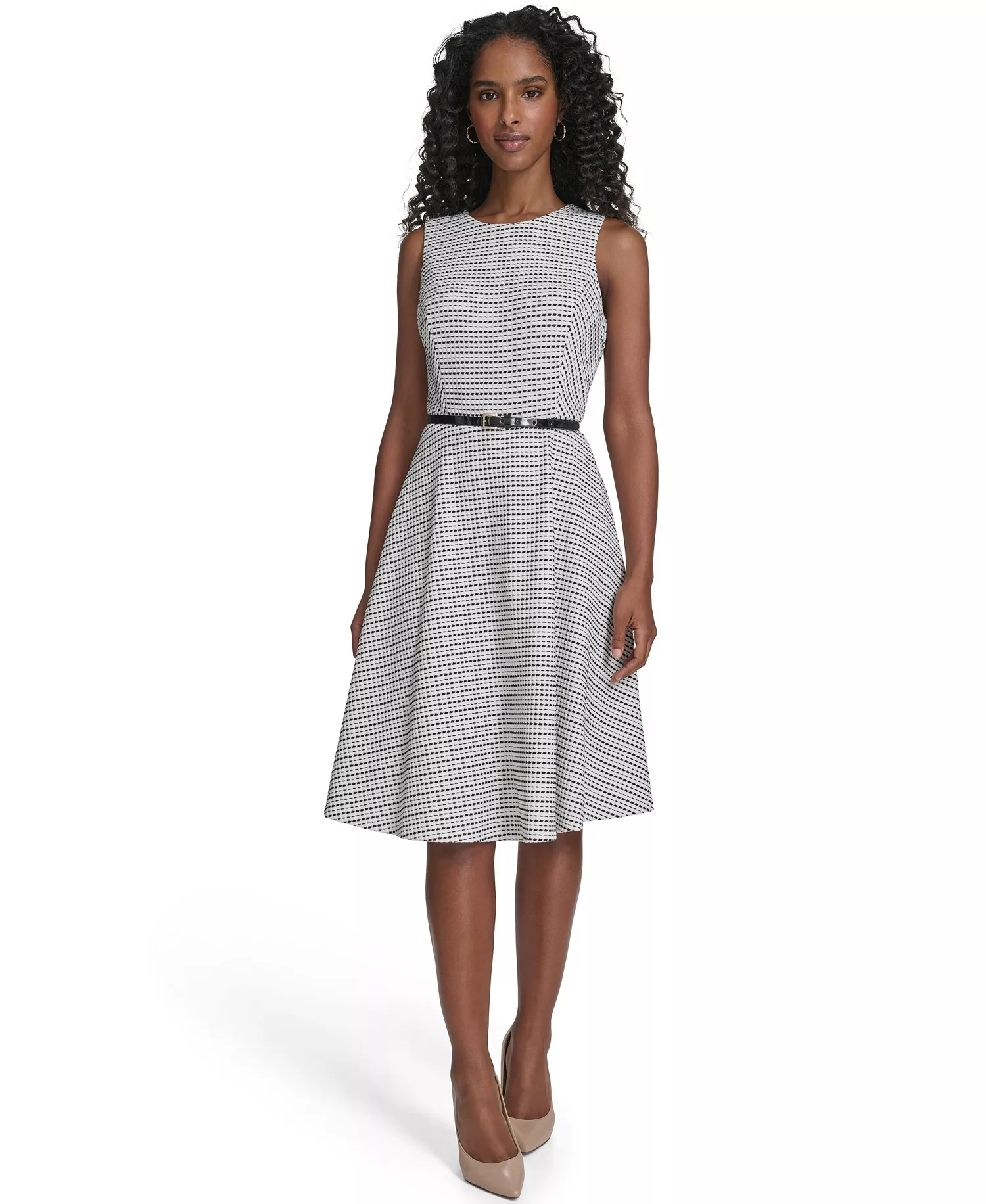 Women's Sleeveless Pick Stitch Knit Belted Midi Dress - Ivory/Black - 10