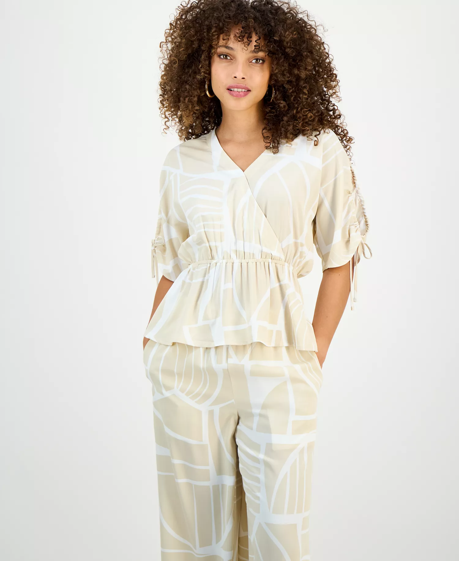 Petite Printed Surplice Peplum Top, Macy's Exclusive - Fae Geo Neutral - P/L