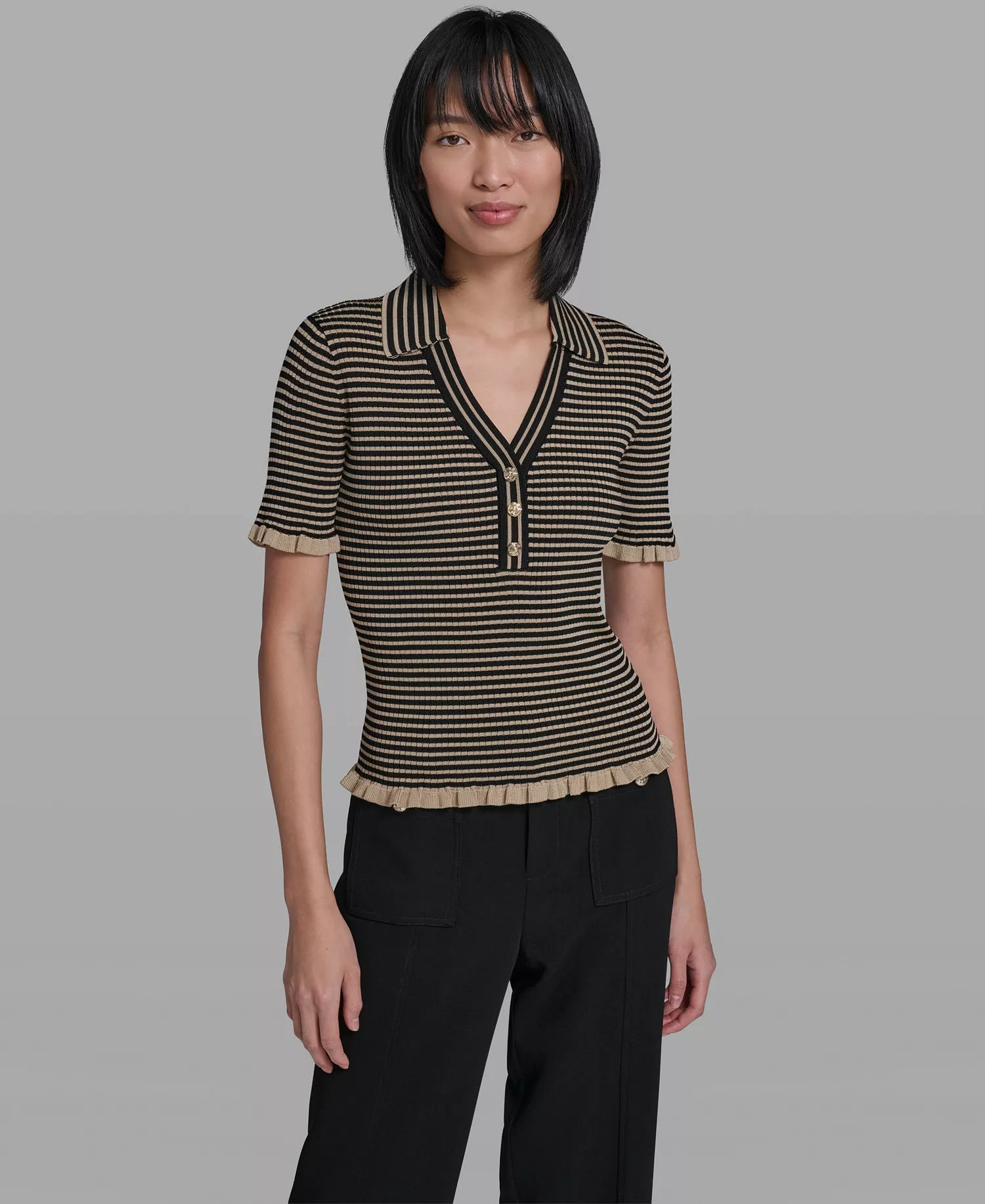 Women's Collared Short-Sleeves Sweater - French Beige/black - L