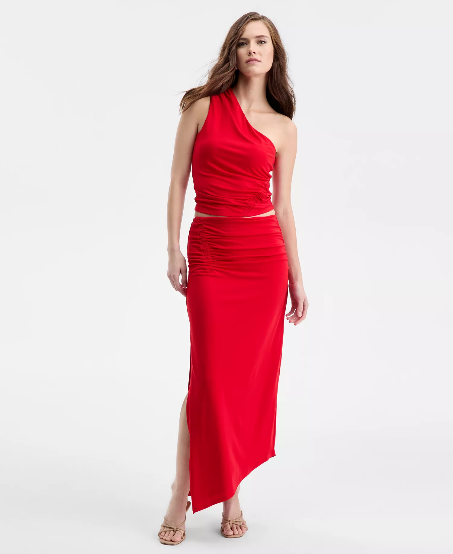 Women's Asymmetrical Ruched Midi Skirt, Macy's Exclusive - Ablaze - L