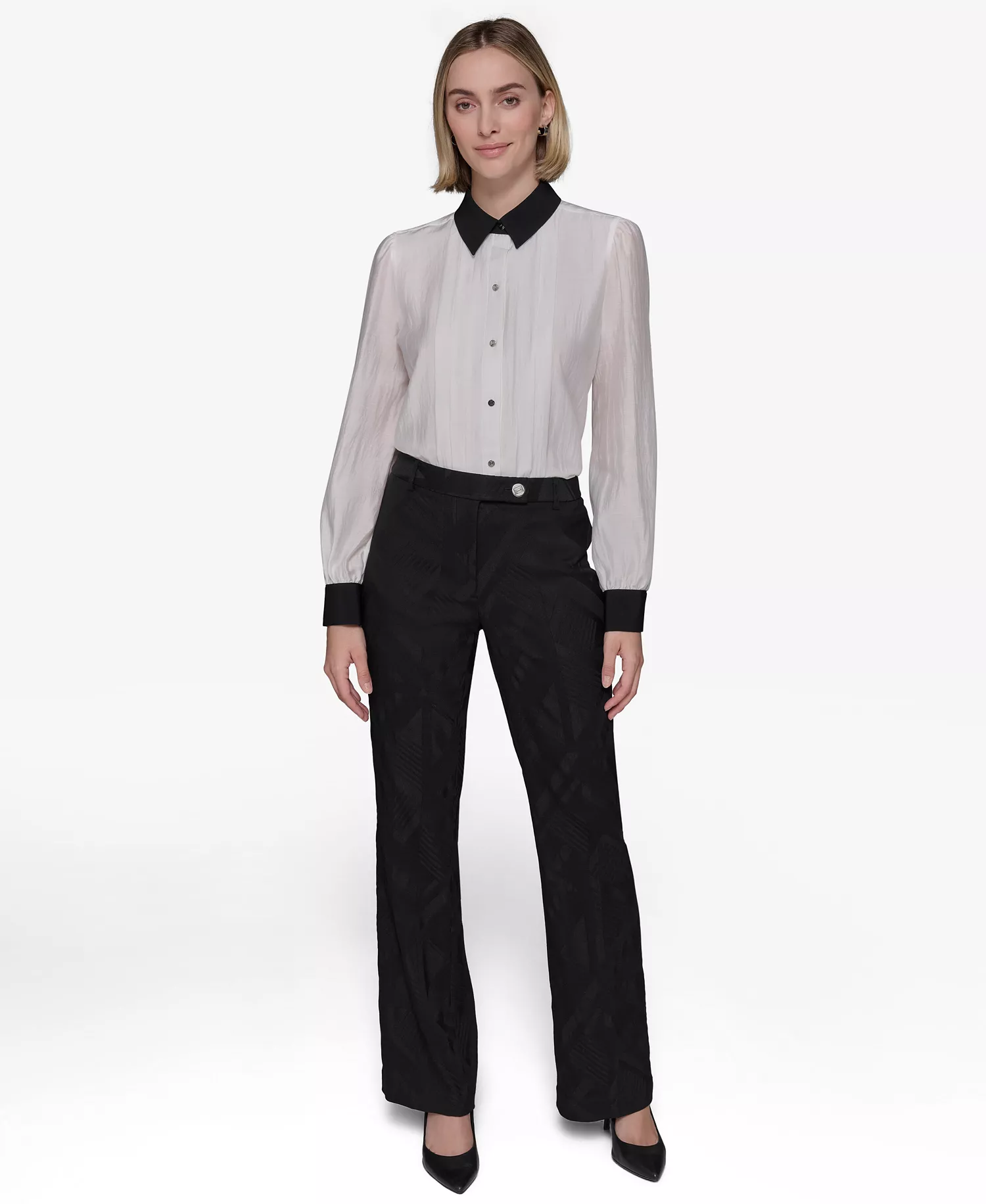 Women's Jacquard Patterned Wide-Leg Pants - Black - 10