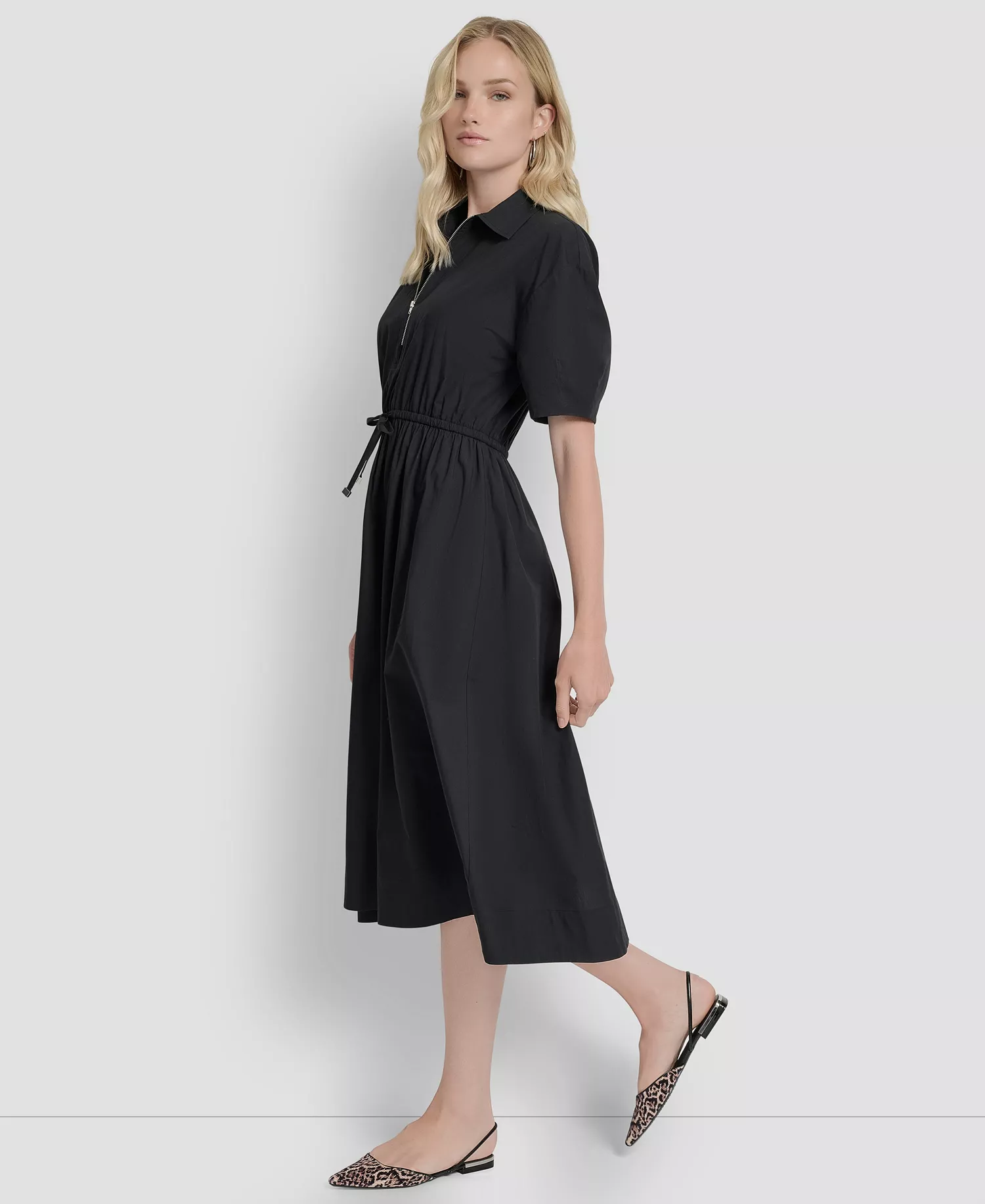 Women's Short-Sleeve Collar Zip Neck Midi Dress - Black - 10