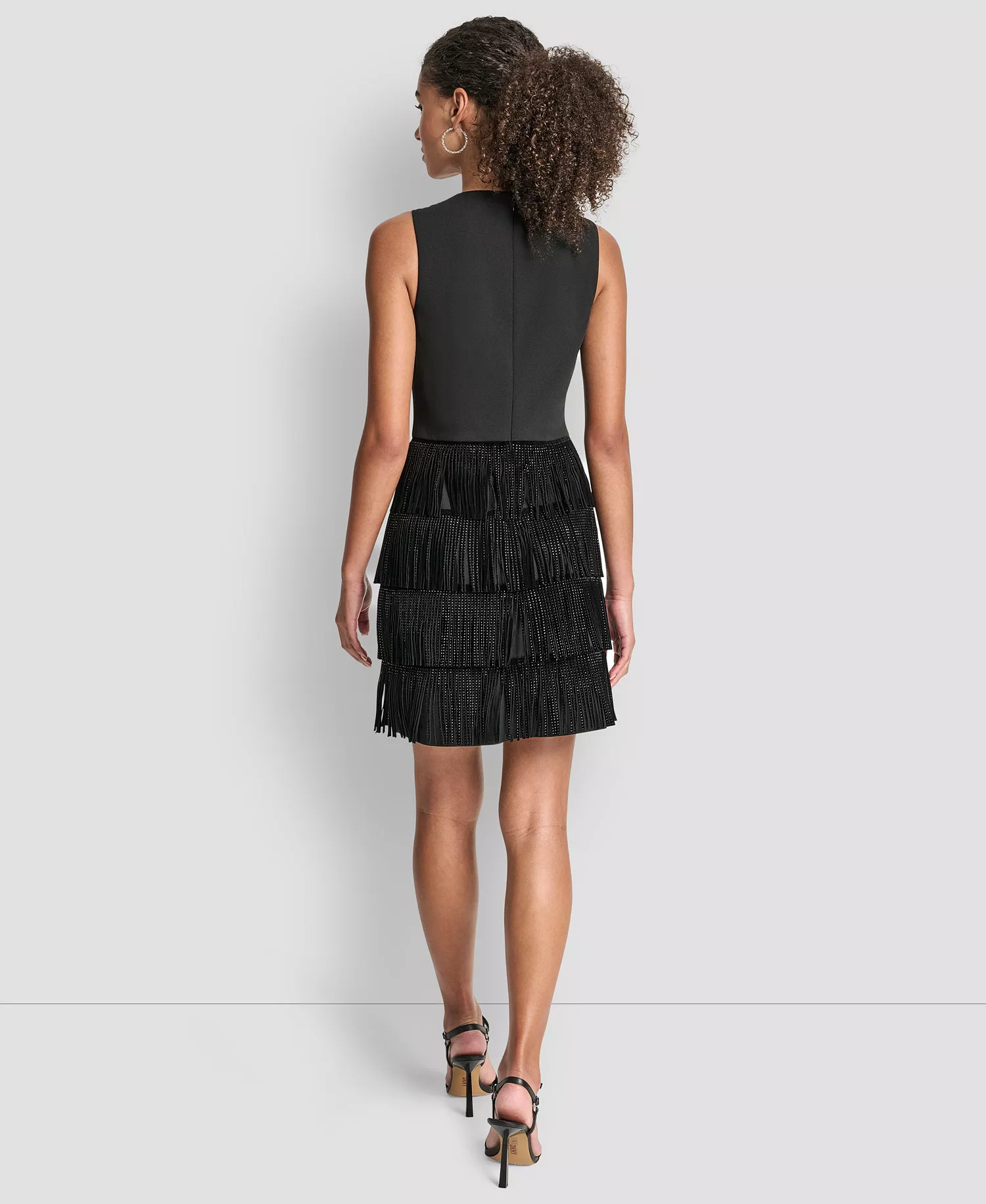 Women's Sleeveless Tiered Studded Fringe Shift Dress - Black - 10