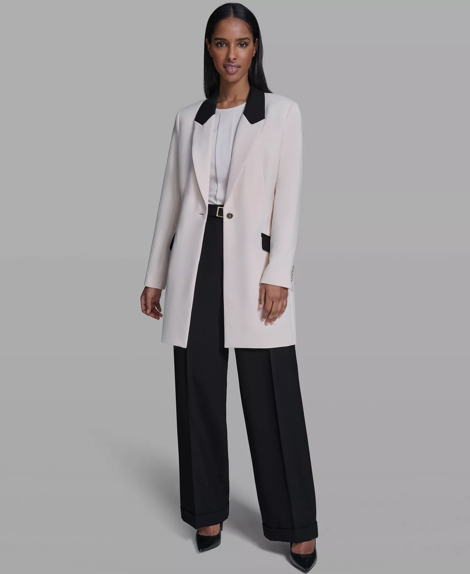 Women's Notch Lapel Collar Jacket - Bisque/Black - 0