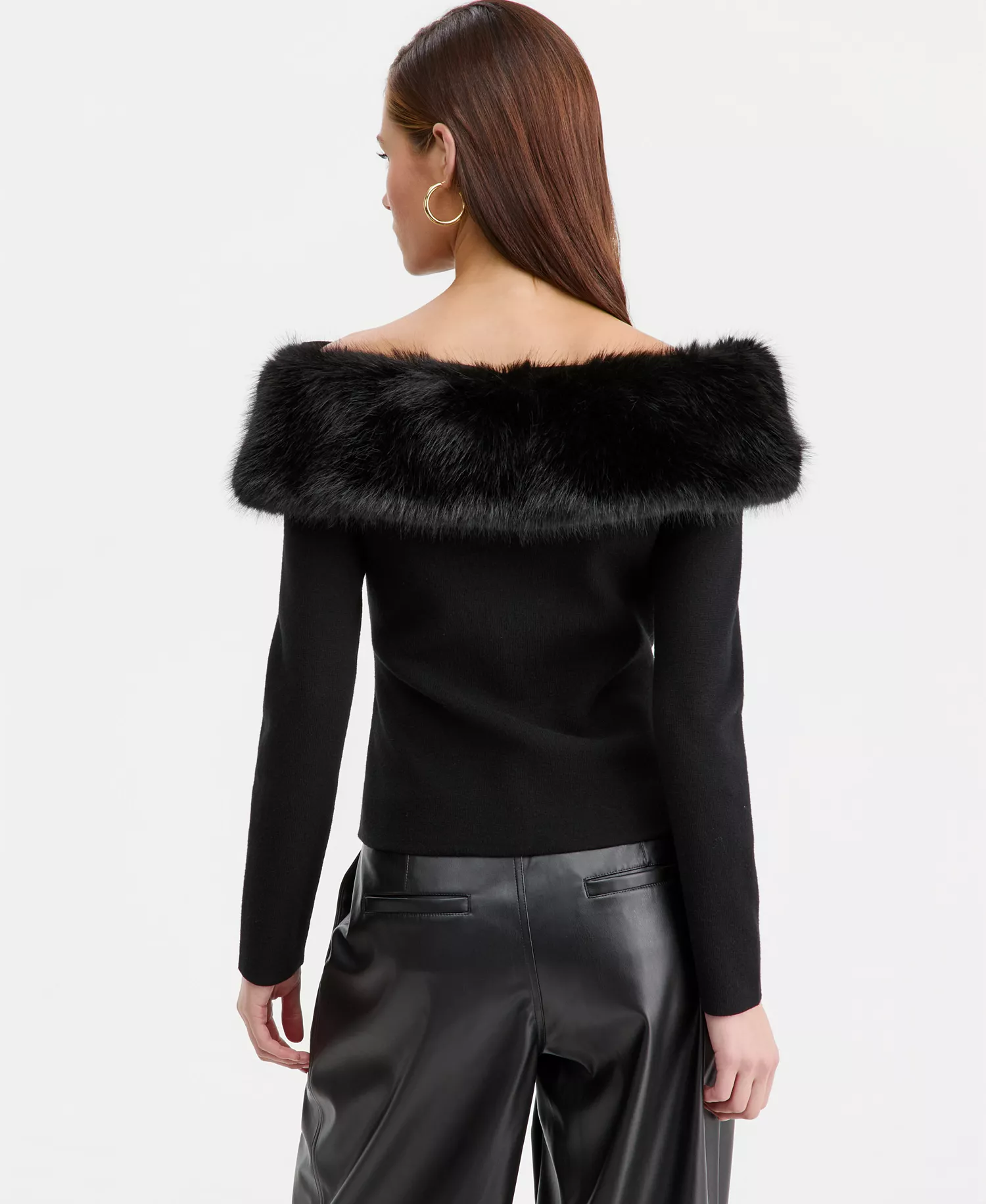Women's Off-The-Shoulder Faux-Fur-Trim Top, Macy's Exclusive - Deep Black - L