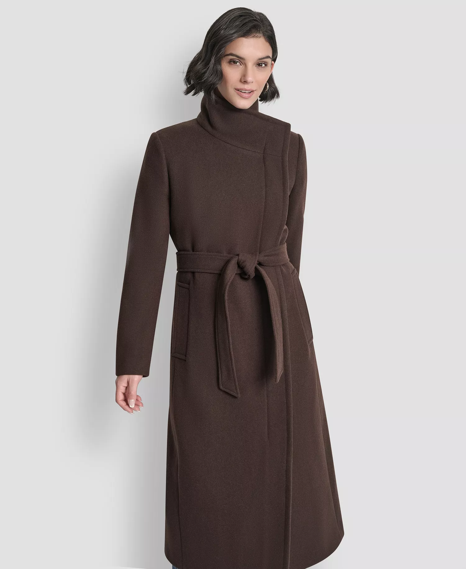 Women's Wing Collar Asymmetrical Wrap Coat - Bitter - L