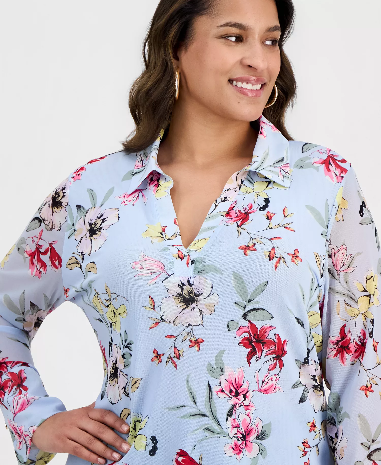 Plus Size Johnny-Collar Top, Macy's Exclusive - Dara Blooms - 0X